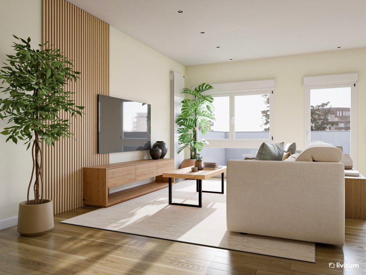 Salón comedor de estilo nórdico con coqueto rincón de lectura