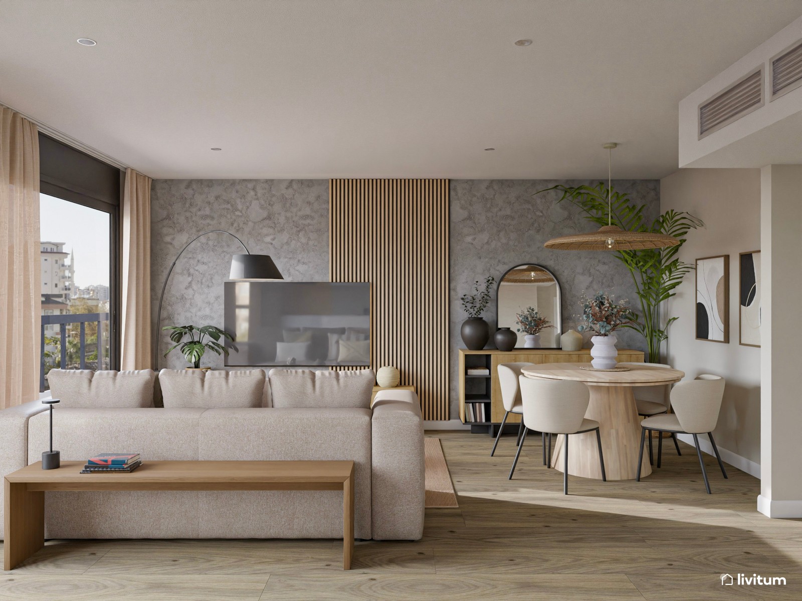 Salón comedor de estilo nórdico con impresionante pared empapelada