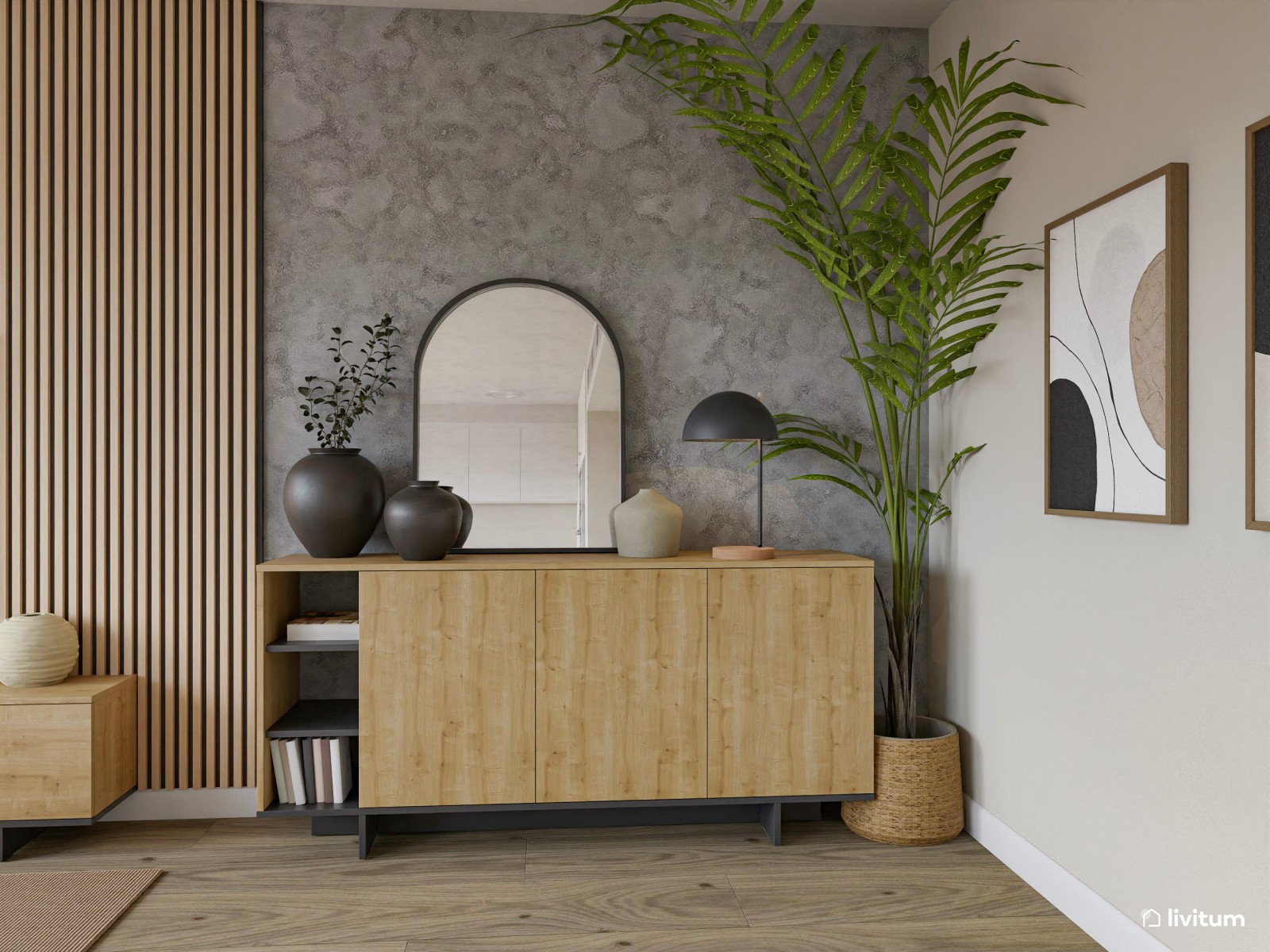 Salón comedor de estilo nórdico con impresionante pared empapelada