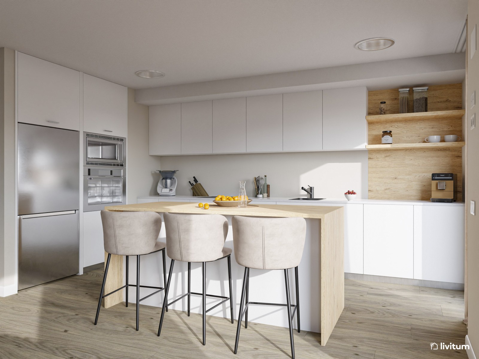 Salón comedor de estilo nórdico con impresionante pared empapelada