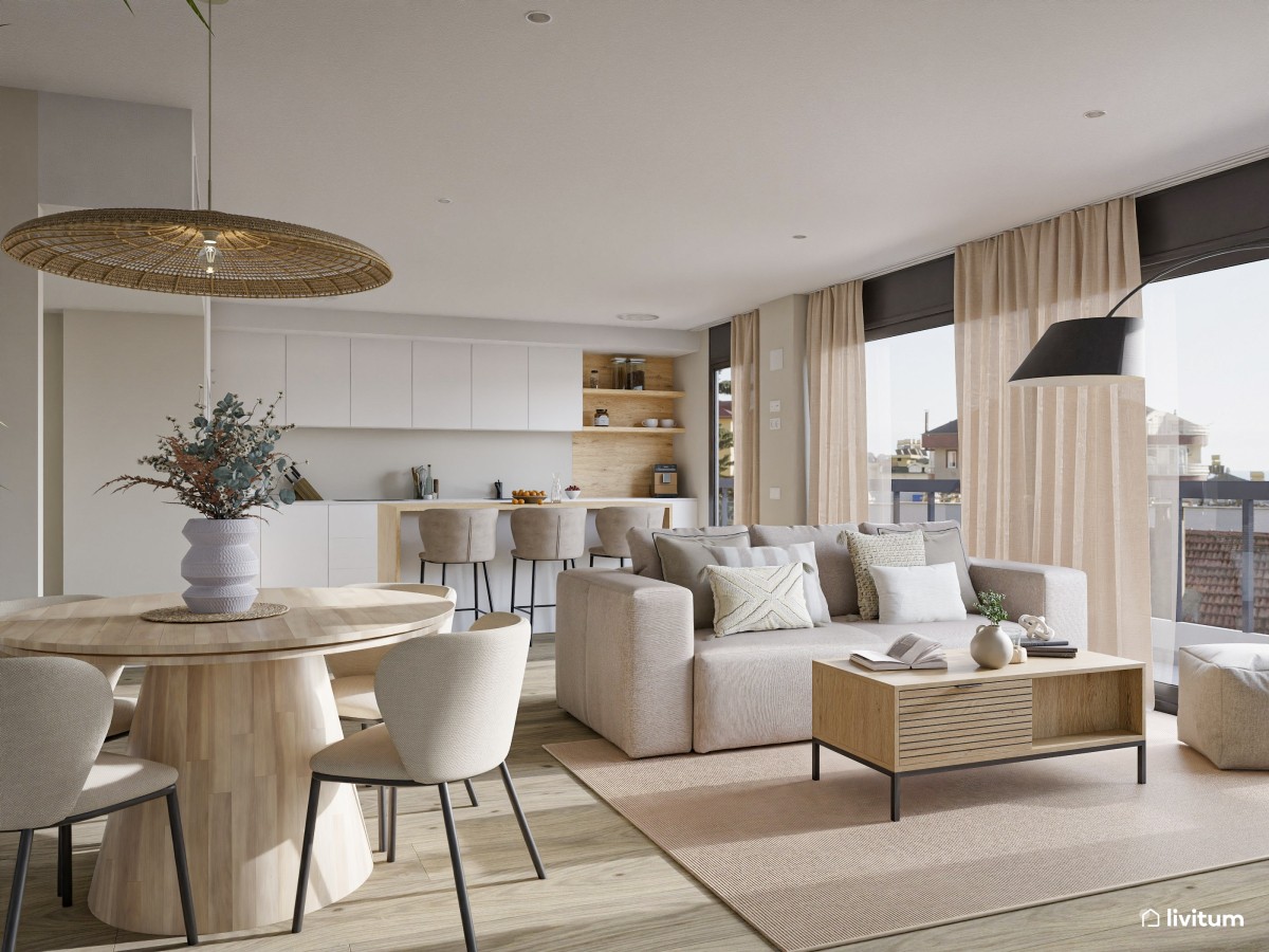 Salón comedor de estilo nórdico con impresionante pared empapelada