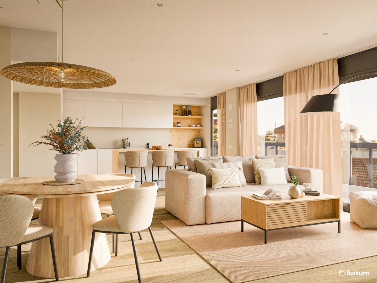 Salón comedor de estilo nórdico con impresionante pared empapelada