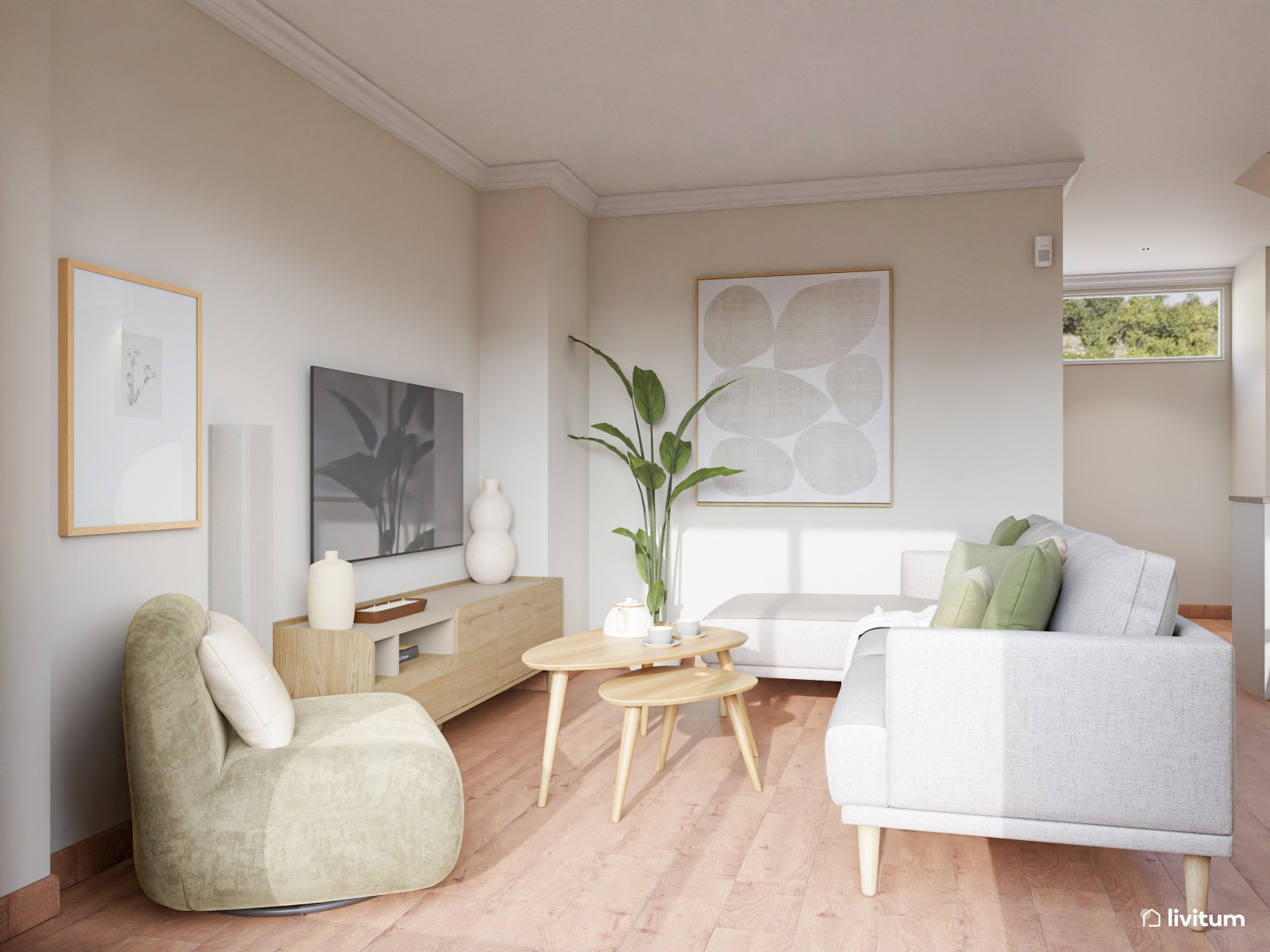 Salón comedor de estilo nórdico con la combinación tonos tierra + madera + verde