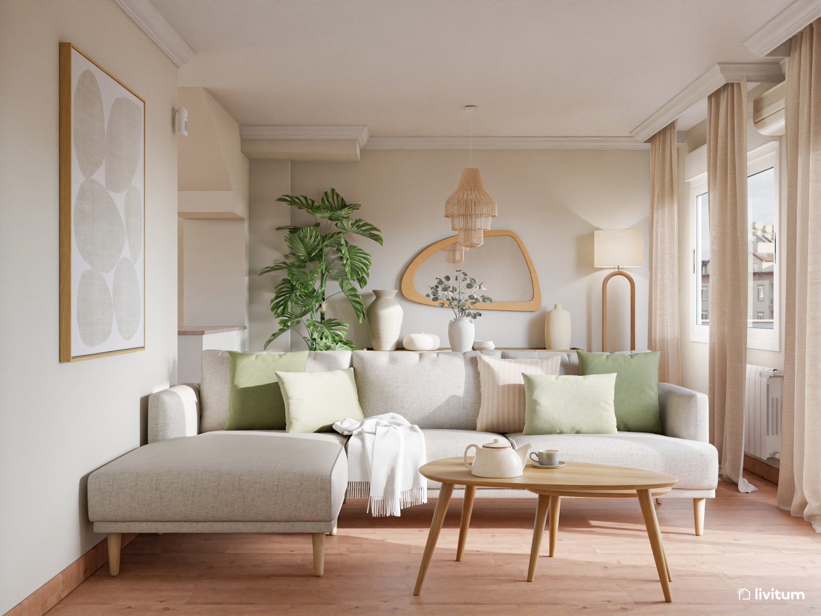 Salón comedor de estilo nórdico con la combinación tonos tierra + madera + verde