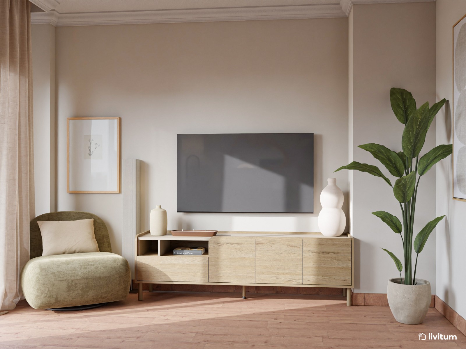 Salón comedor de estilo nórdico con la combinación tonos tierra + madera + verde