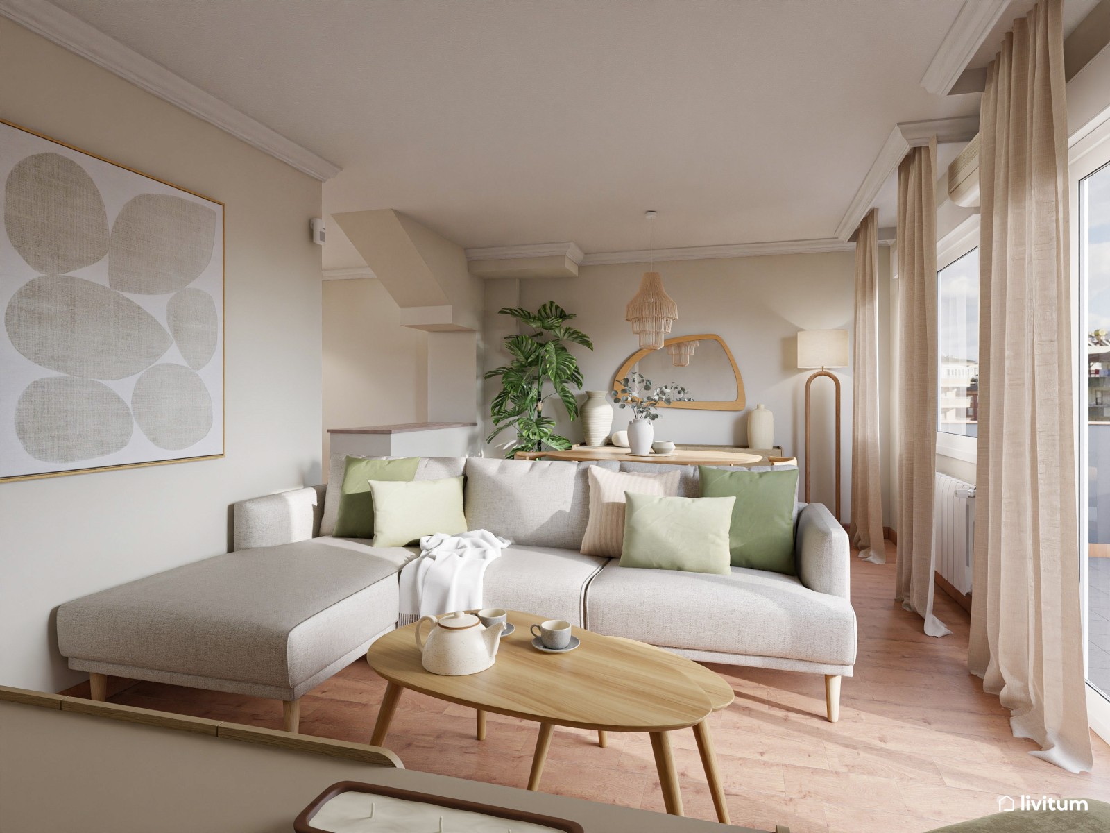 Salón comedor de estilo nórdico con la combinación tonos tierra + madera + verde