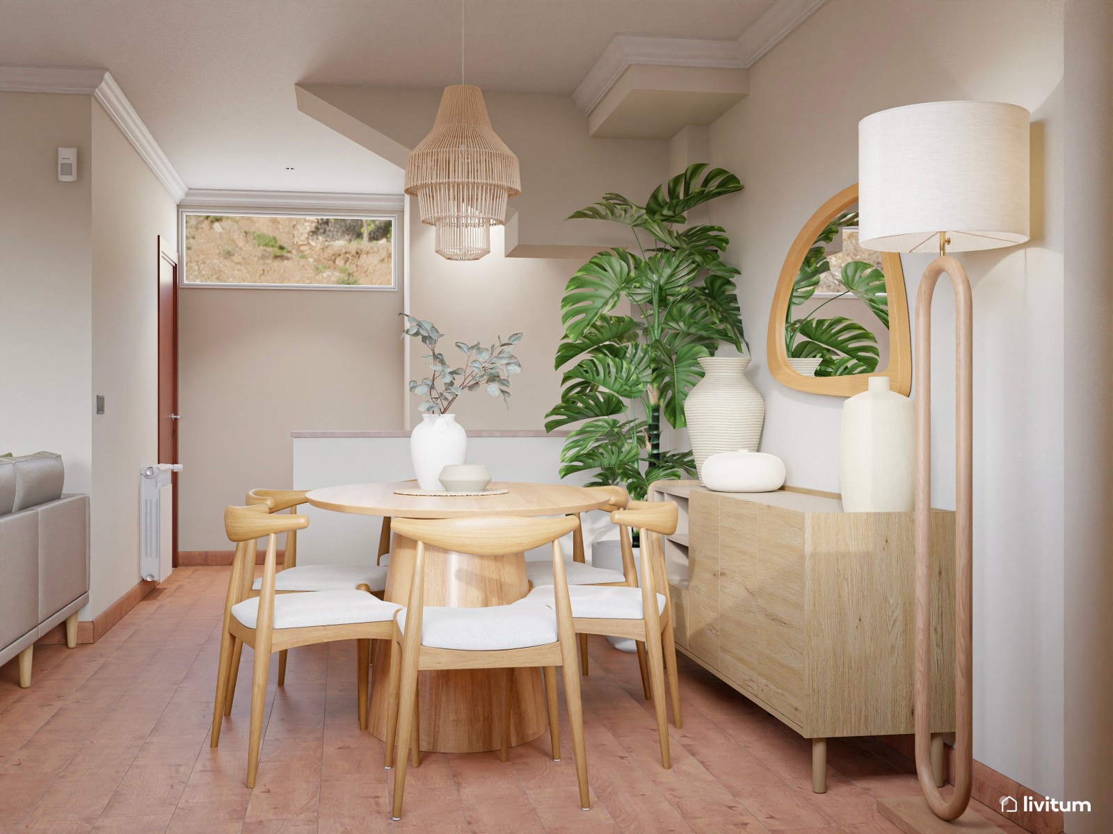 Salón comedor de estilo nórdico con la combinación tonos tierra + madera + verde