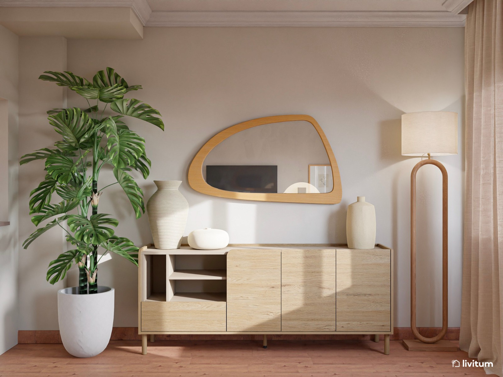 Salón comedor de estilo nórdico con la combinación tonos tierra + madera + verde