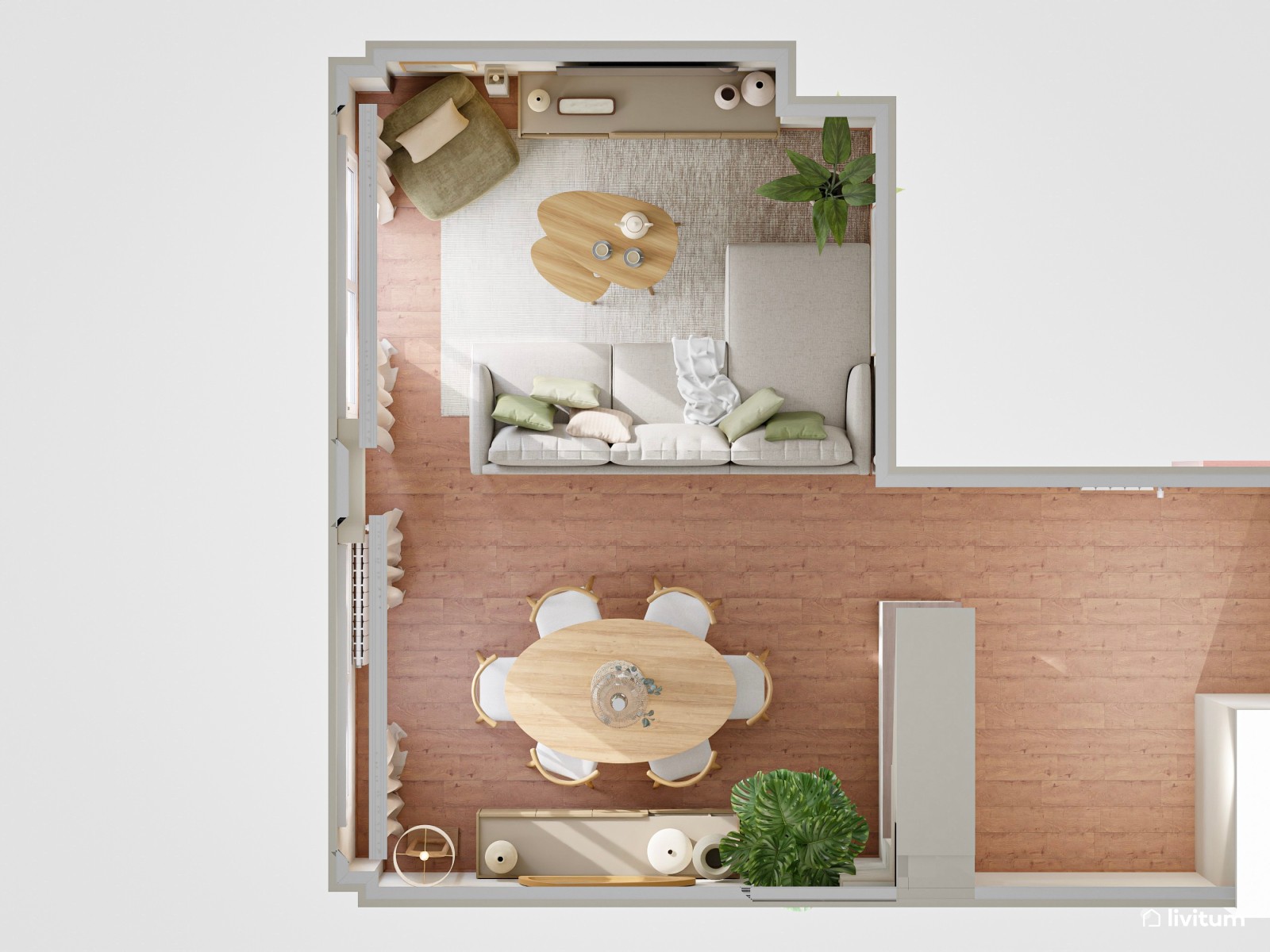 Salón comedor de estilo nórdico con la combinación tonos tierra + madera + verde