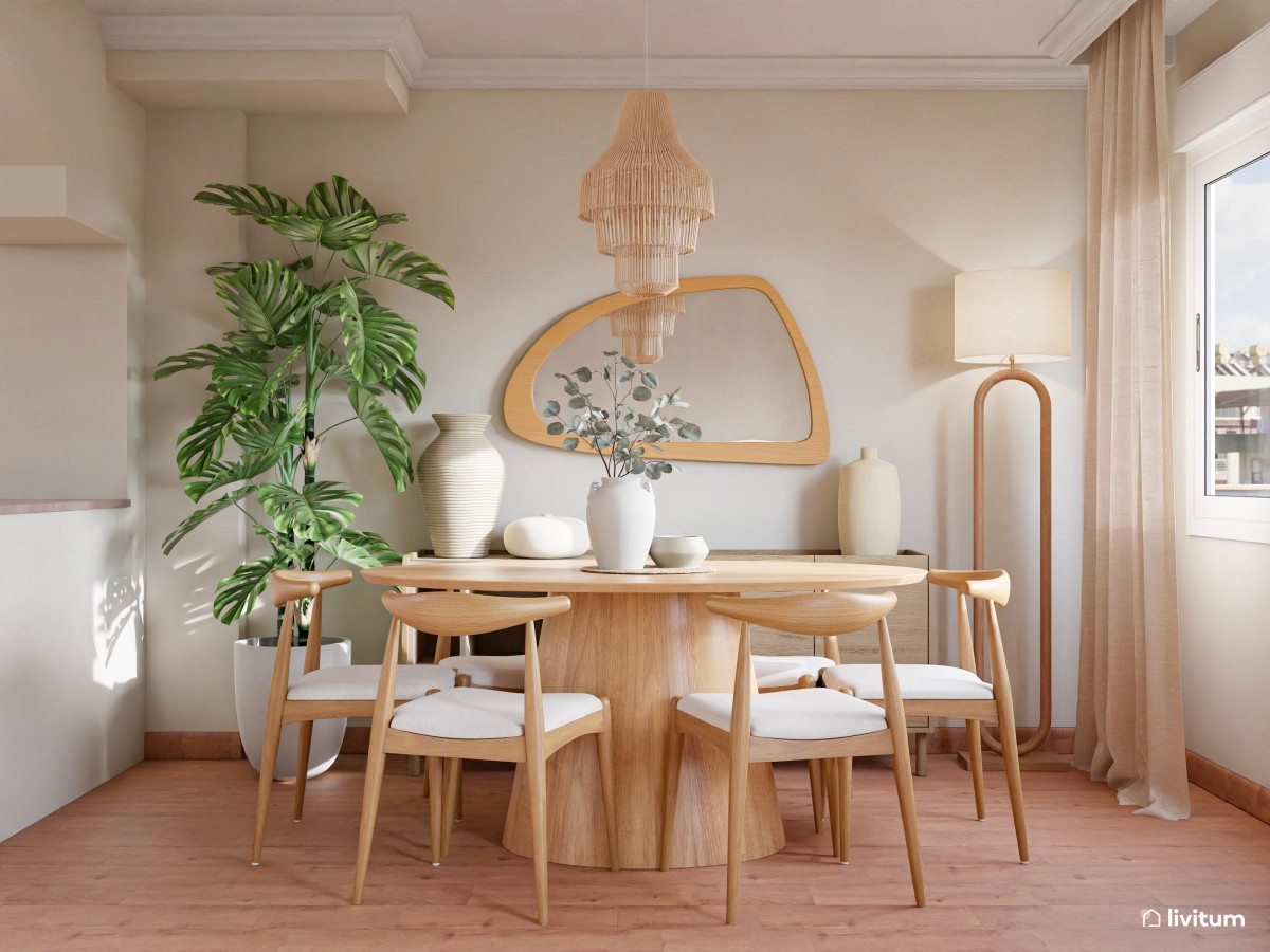 Salón comedor de estilo nórdico con la combinación tonos tierra + madera + verde