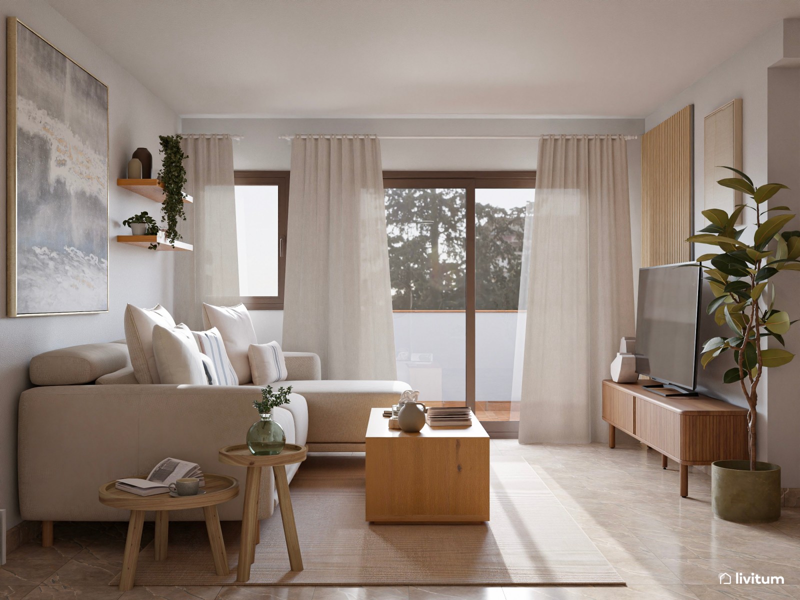 Salón comedor de estilo nórdico con listones de madera