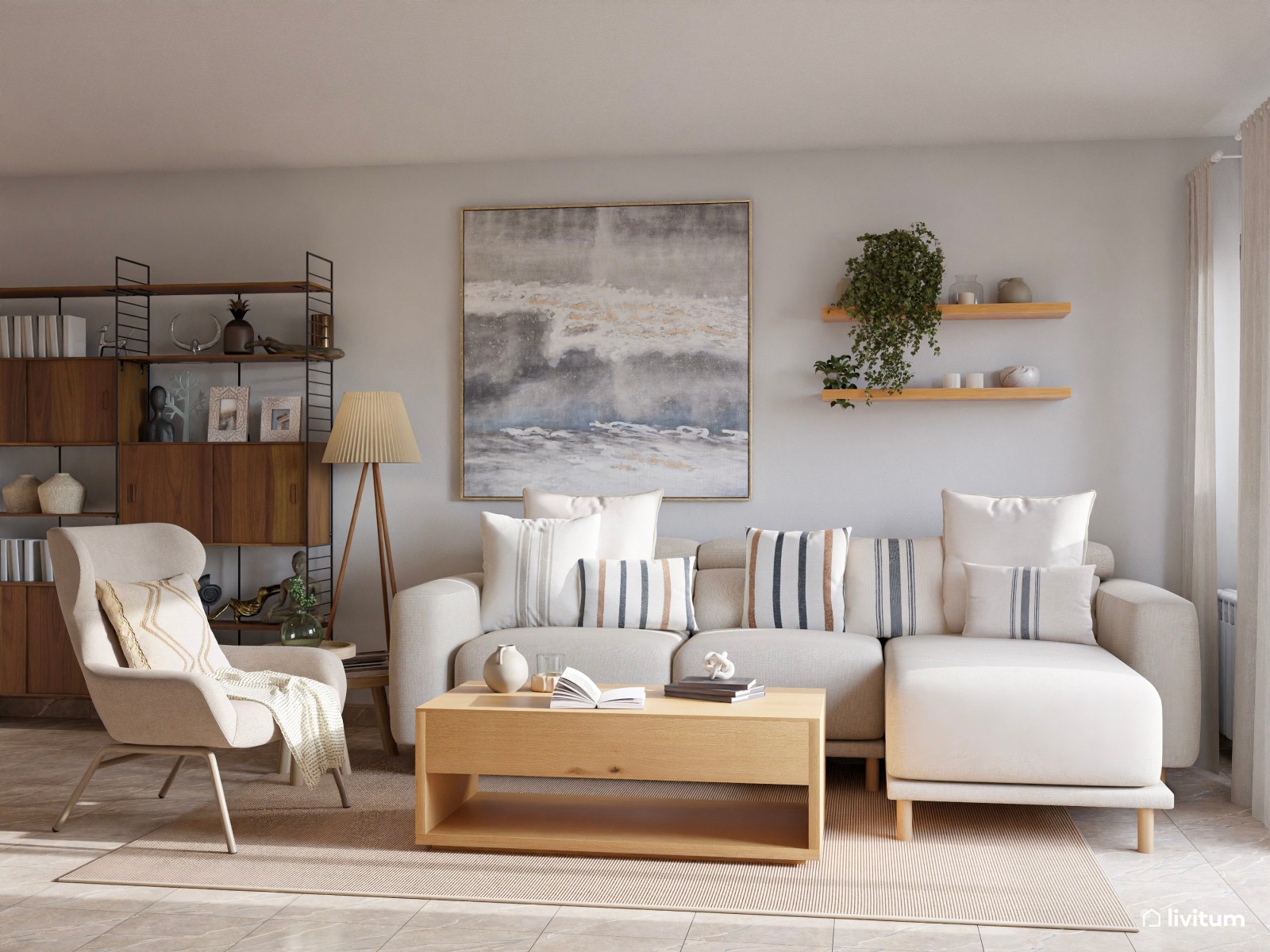 Salón comedor de estilo nórdico con listones de madera