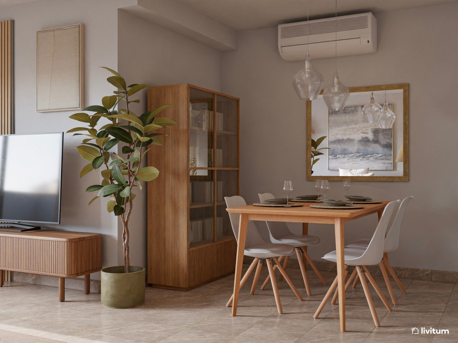 Salón comedor de estilo nórdico con listones de madera