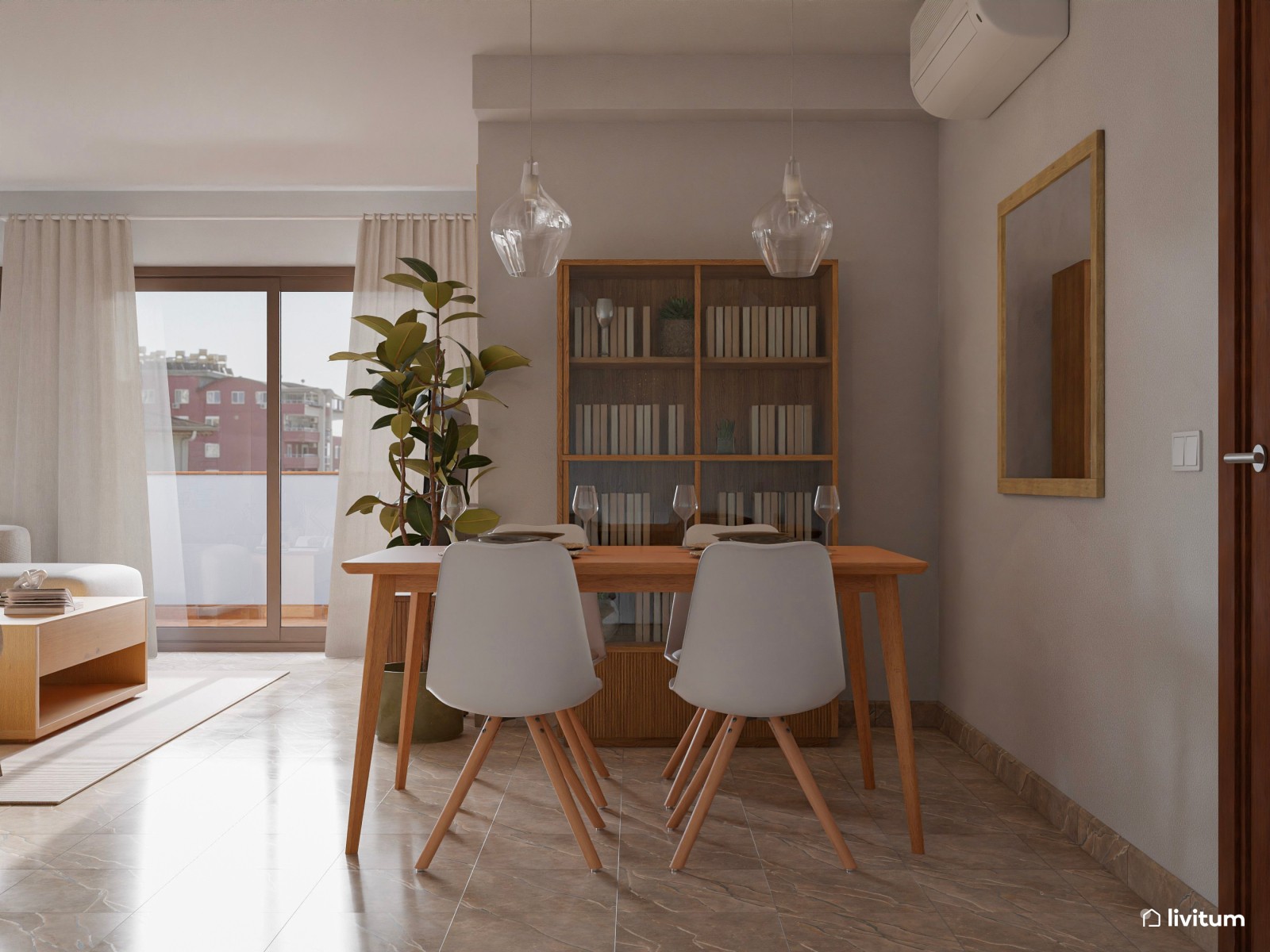 Salón comedor de estilo nórdico con listones de madera