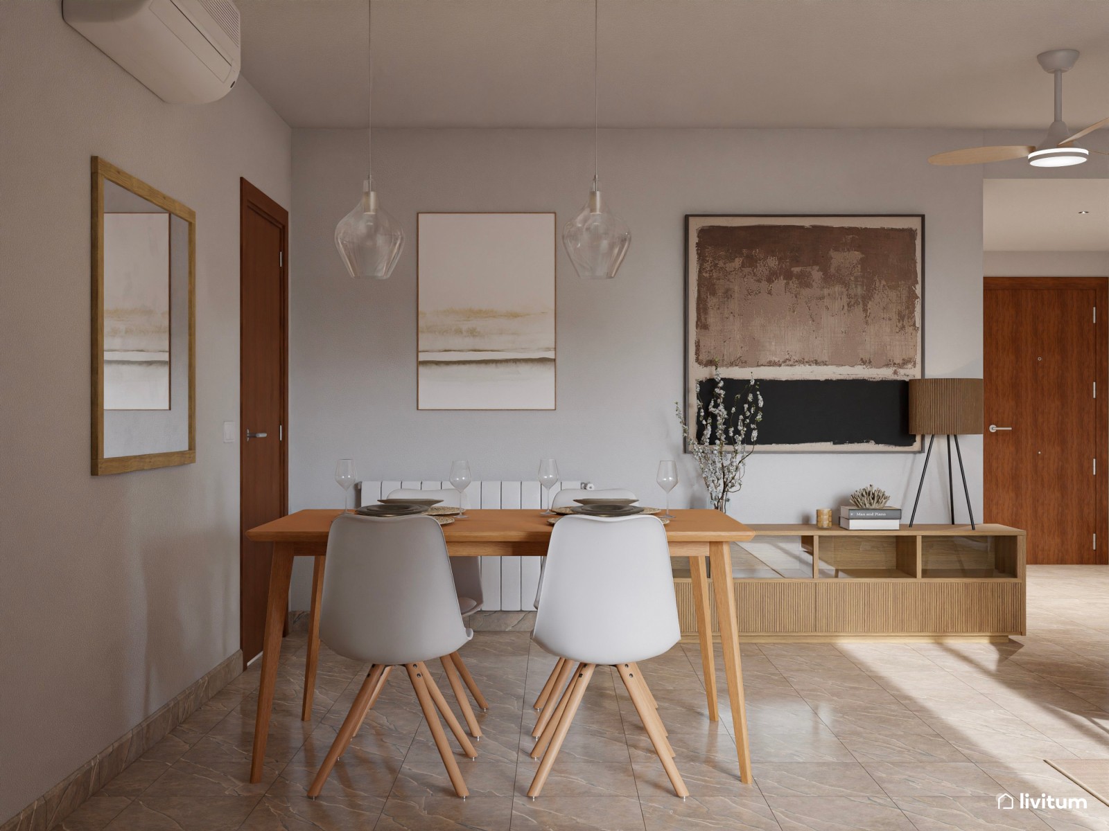 Salón comedor de estilo nórdico con listones de madera