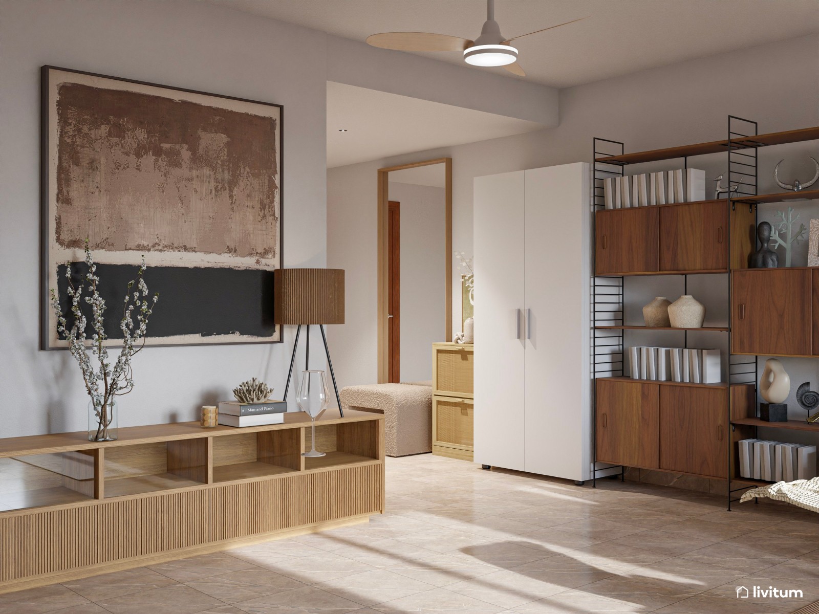 Salón comedor de estilo nórdico con listones de madera