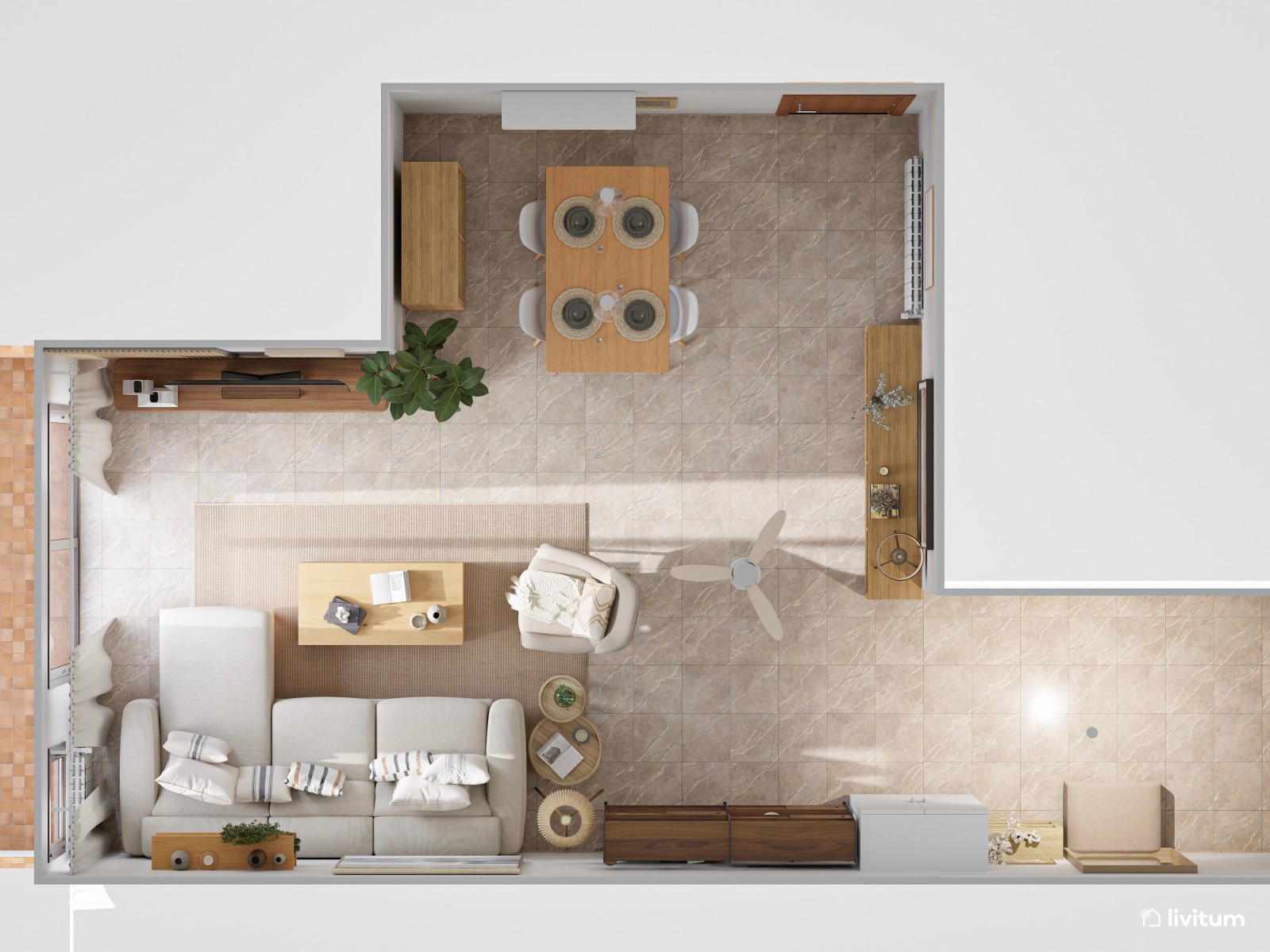 Salón comedor de estilo nórdico con listones de madera