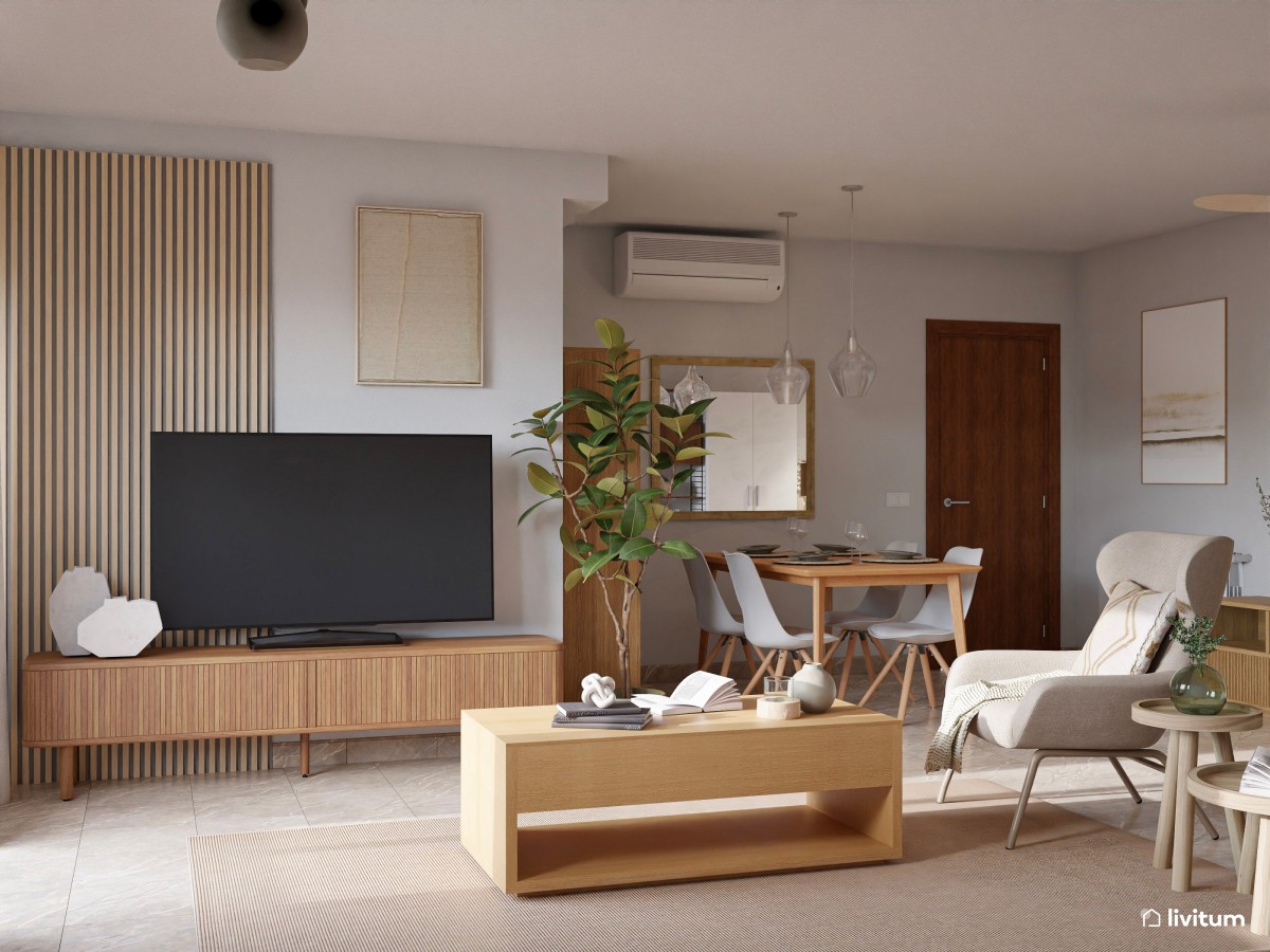 Salón comedor de estilo nórdico con listones de madera