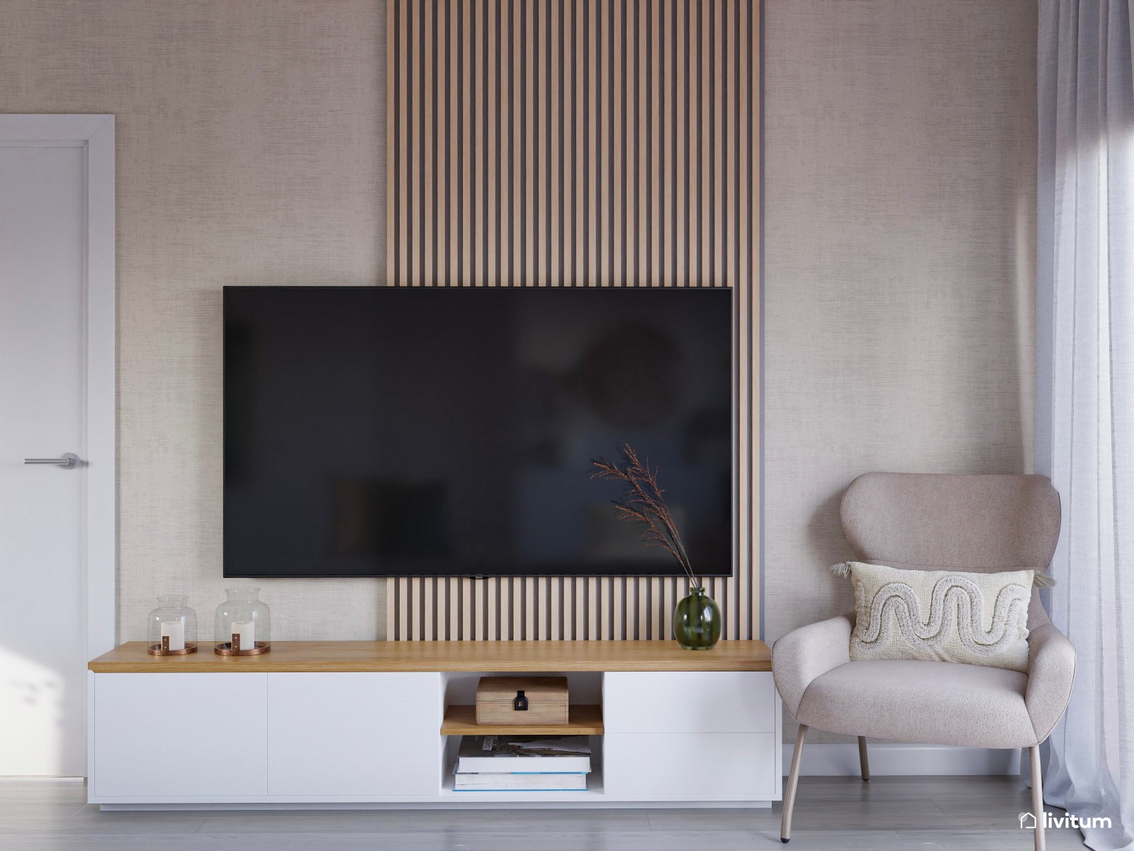 Salón comedor de estilo nórdico con listones de madera 