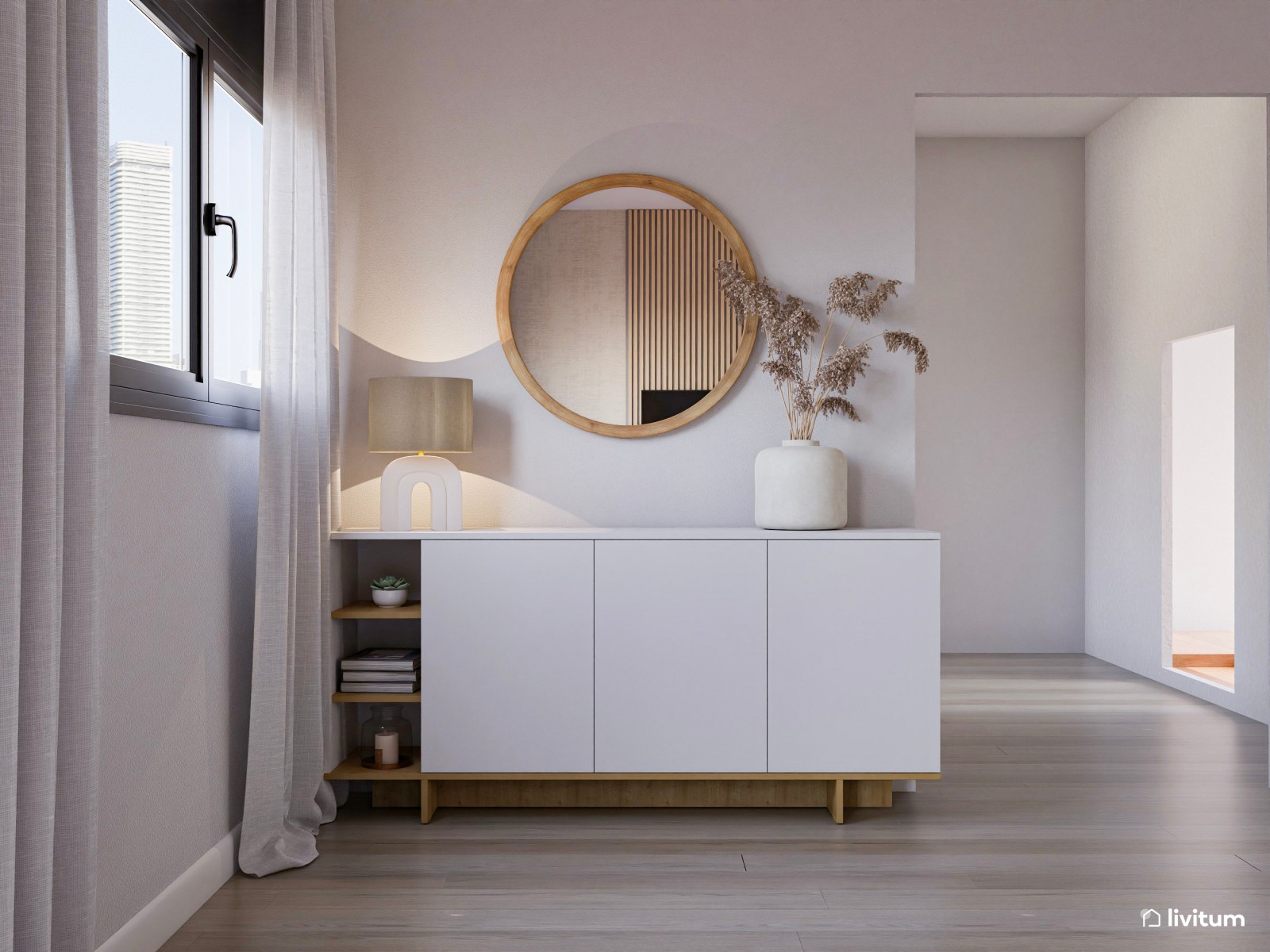 Salón comedor de estilo nórdico con listones de madera 