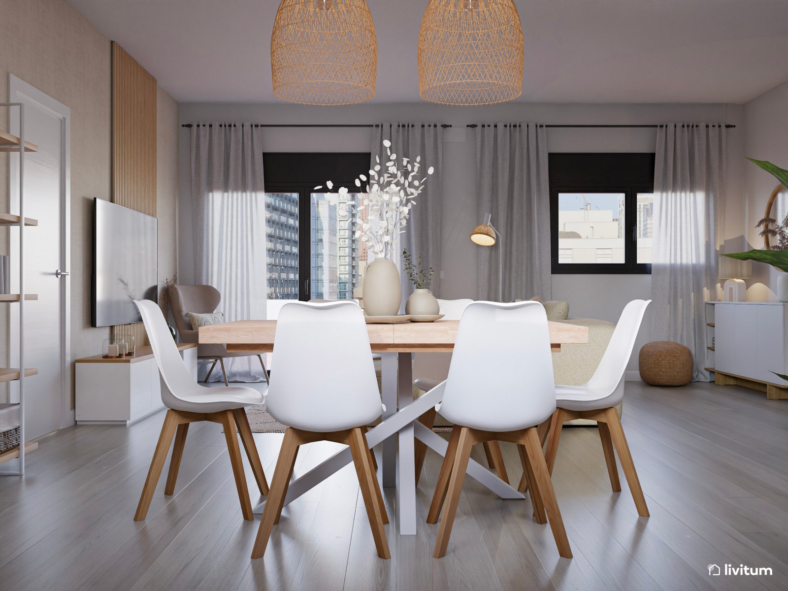 Salón comedor de estilo nórdico con listones de madera 