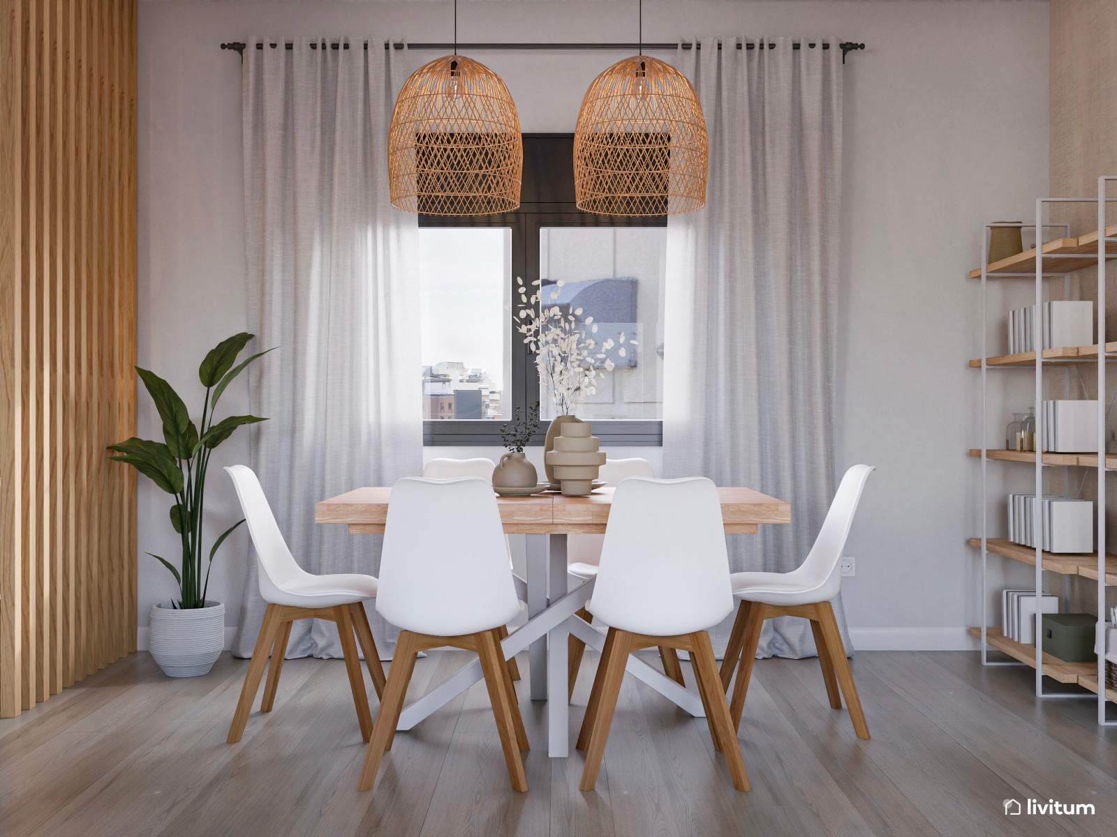 Salón comedor de estilo nórdico con listones de madera 