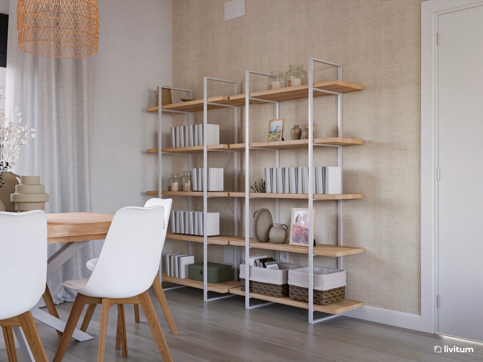 Salón comedor de estilo nórdico con listones de madera 