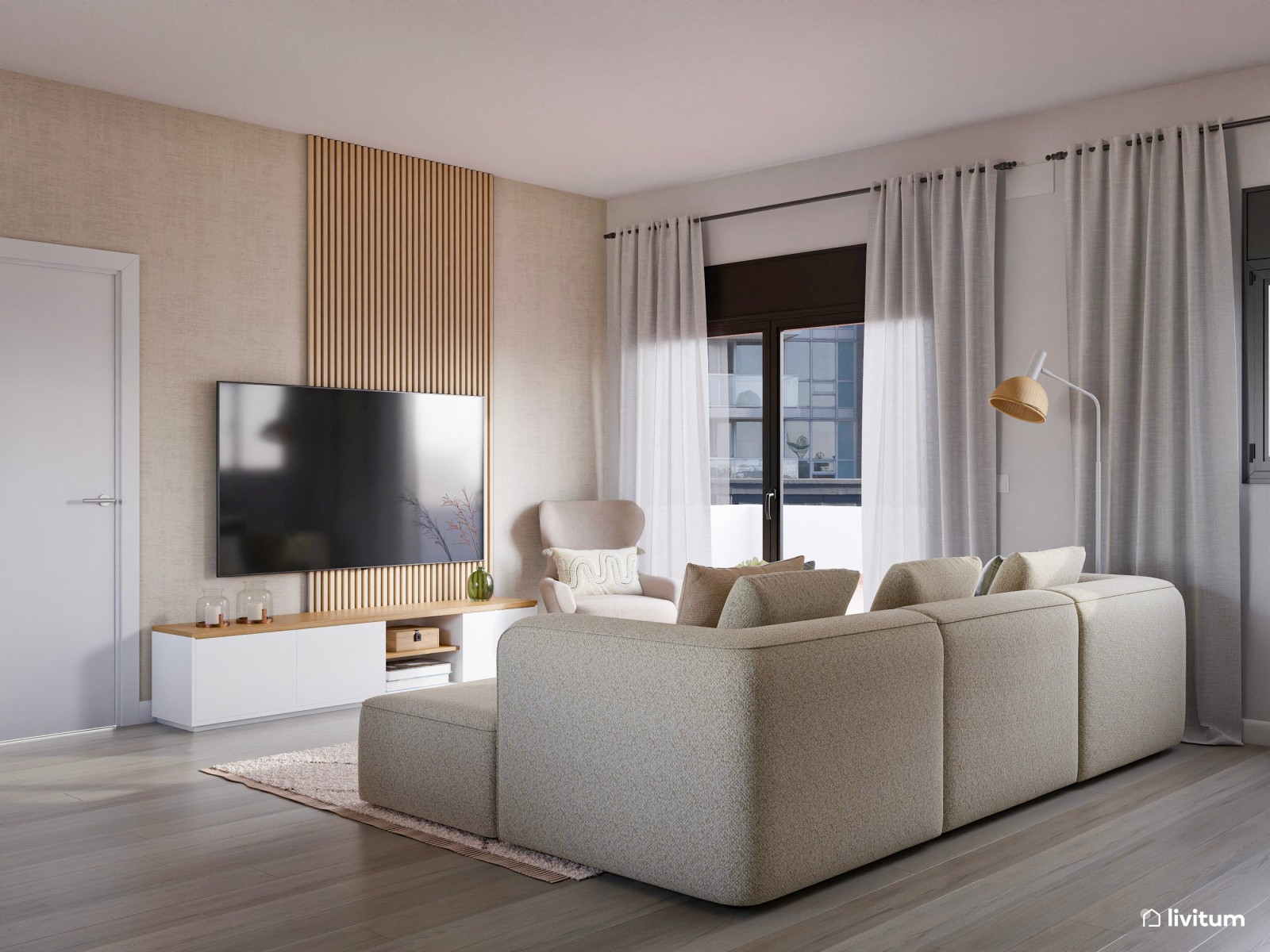 Salón comedor de estilo nórdico con listones de madera 