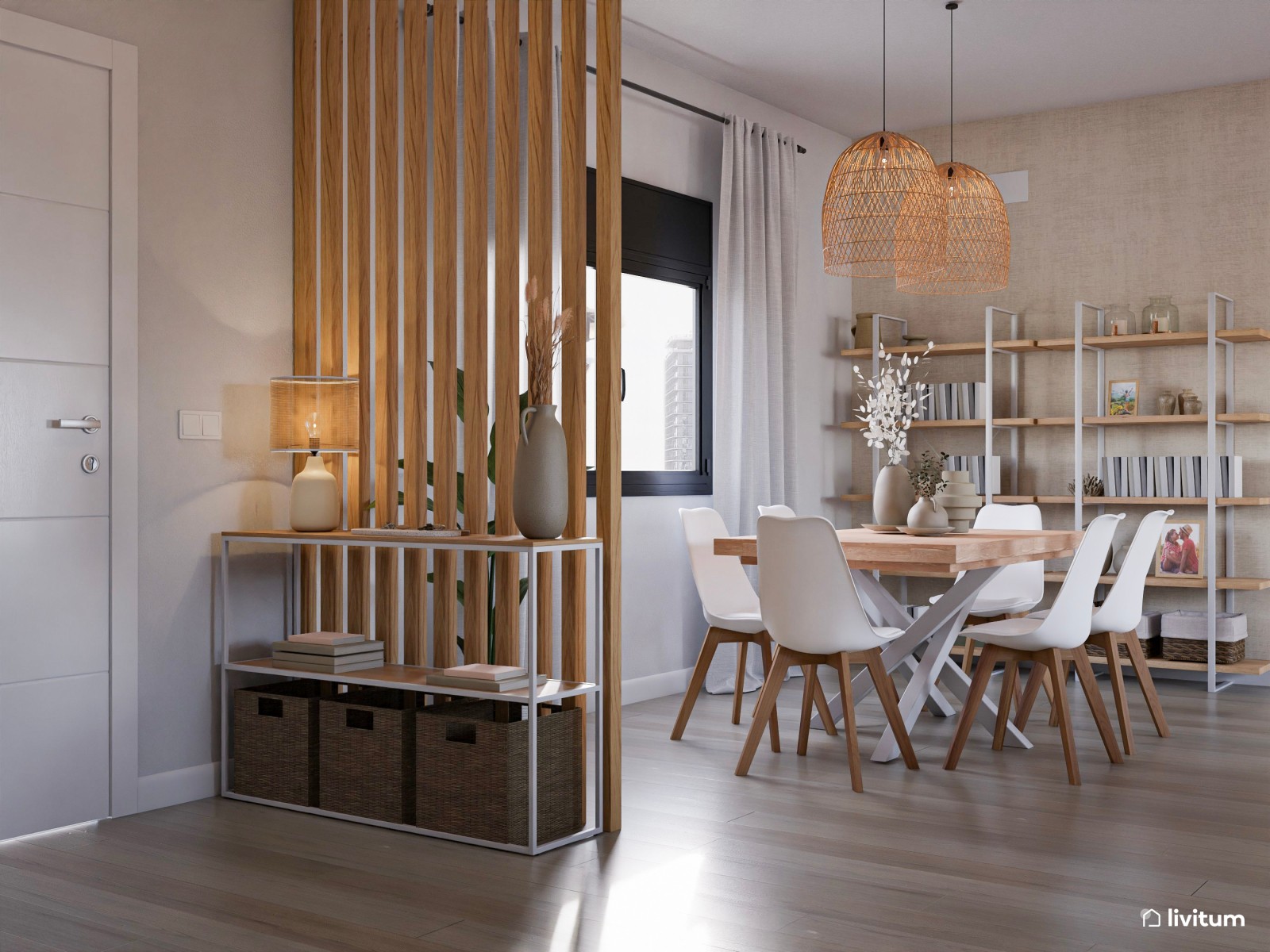 Salón comedor de estilo nórdico con listones de madera 