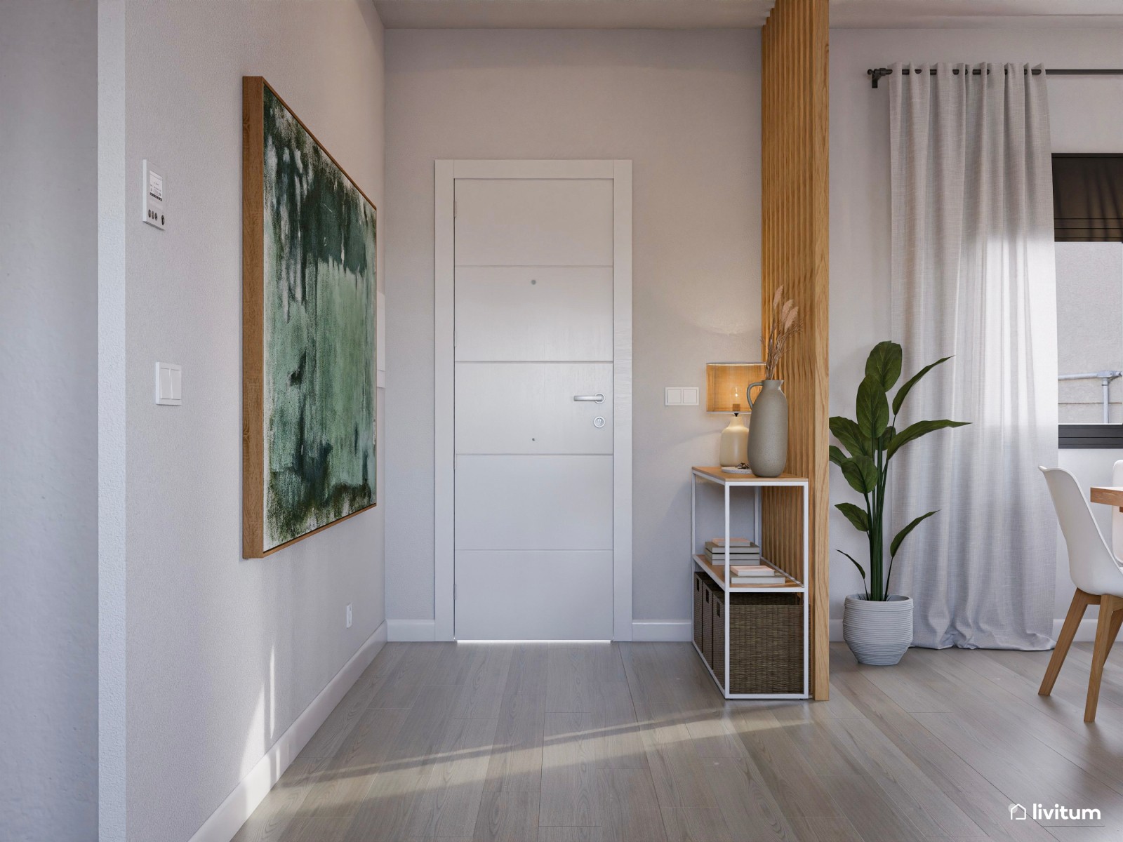 Salón comedor de estilo nórdico con listones de madera 