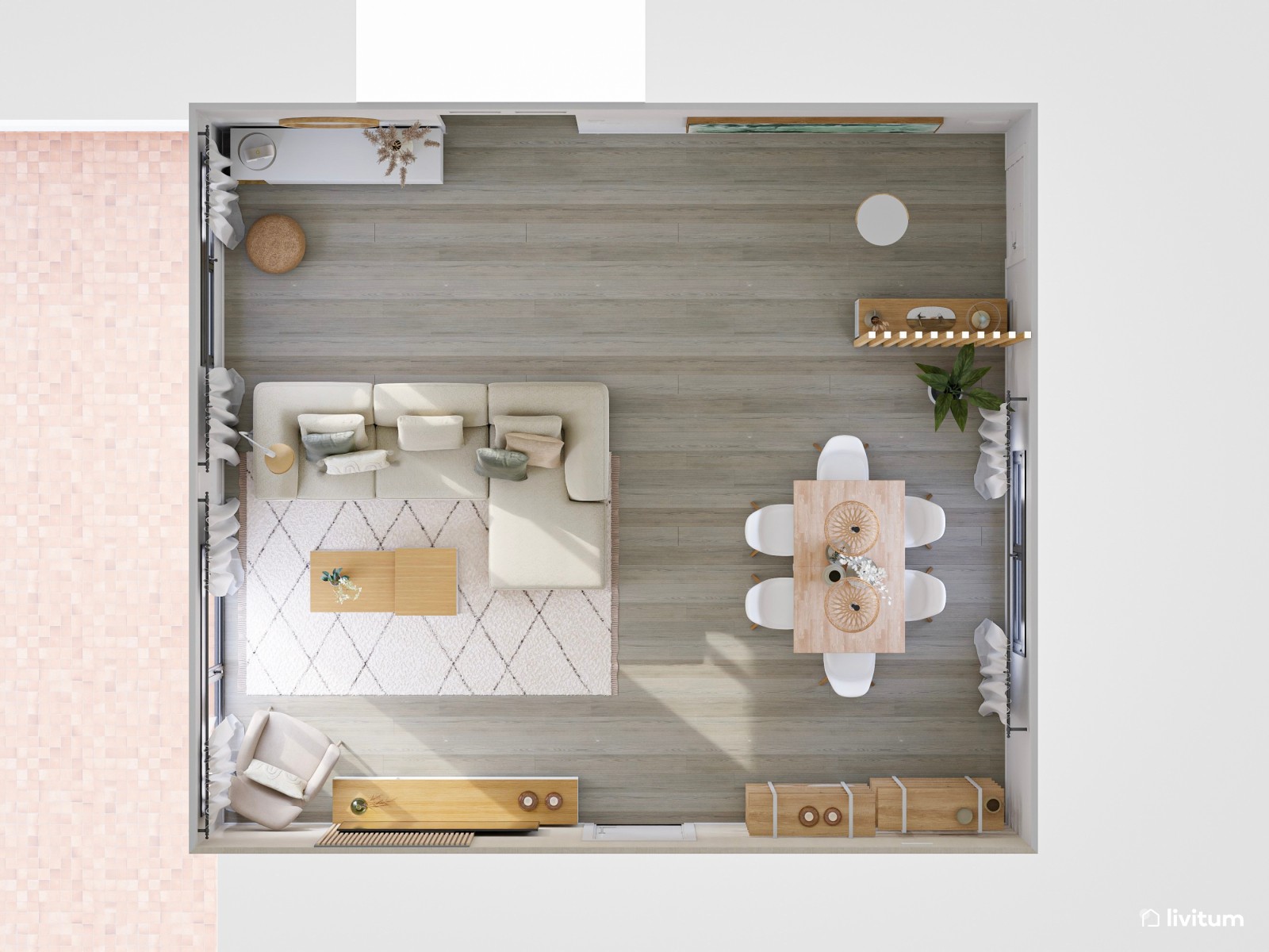 Salón comedor de estilo nórdico con listones de madera 