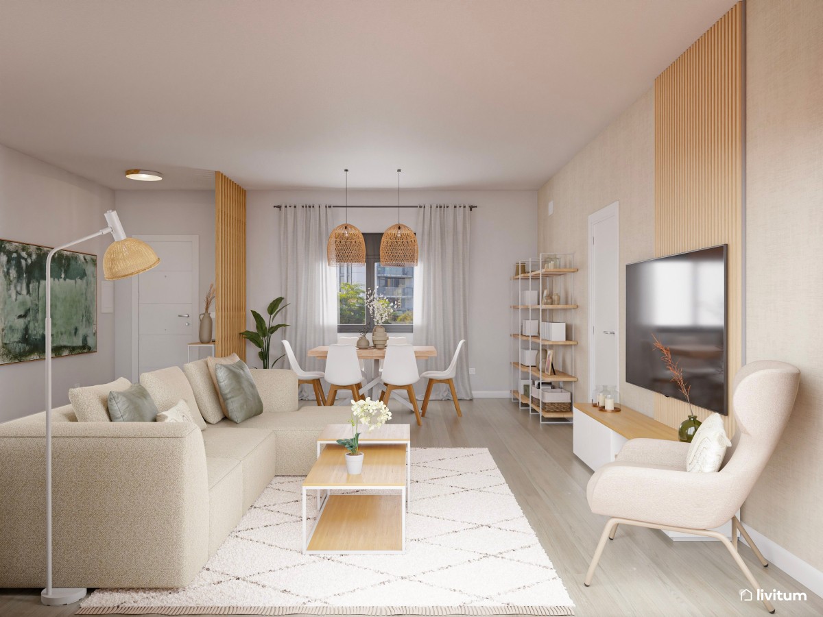 Salón comedor de estilo nórdico con listones de madera 