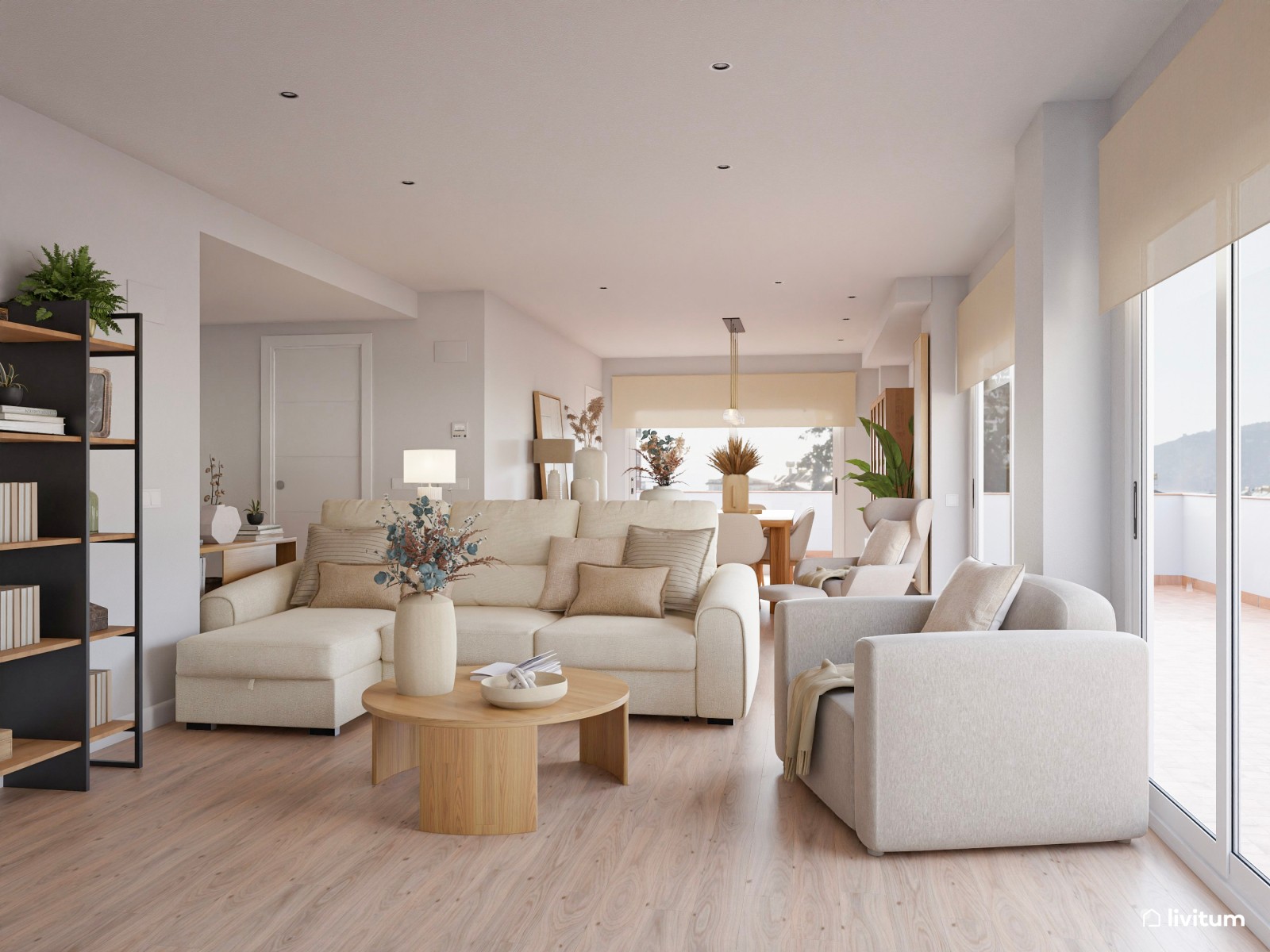 Salón comedor de estilo nórdico con pared de TV con listones de madera 