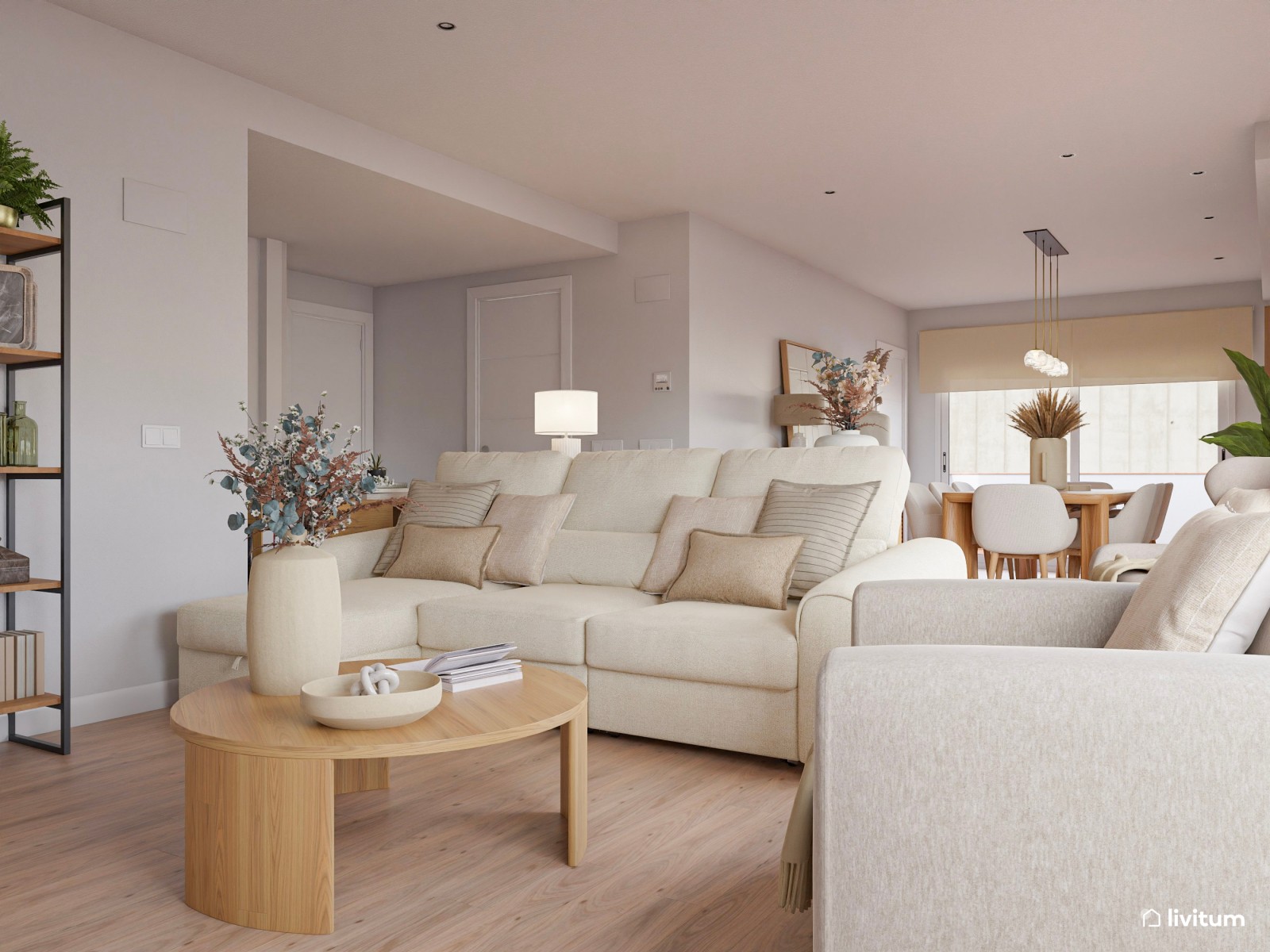 Salón comedor de estilo nórdico con pared de TV con listones de madera 