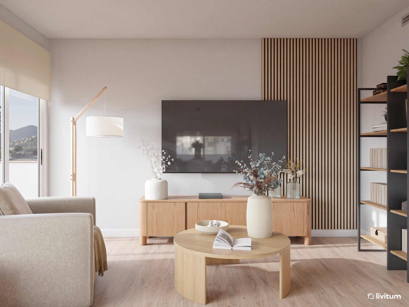 Salón comedor de estilo nórdico con pared de TV con listones de madera 