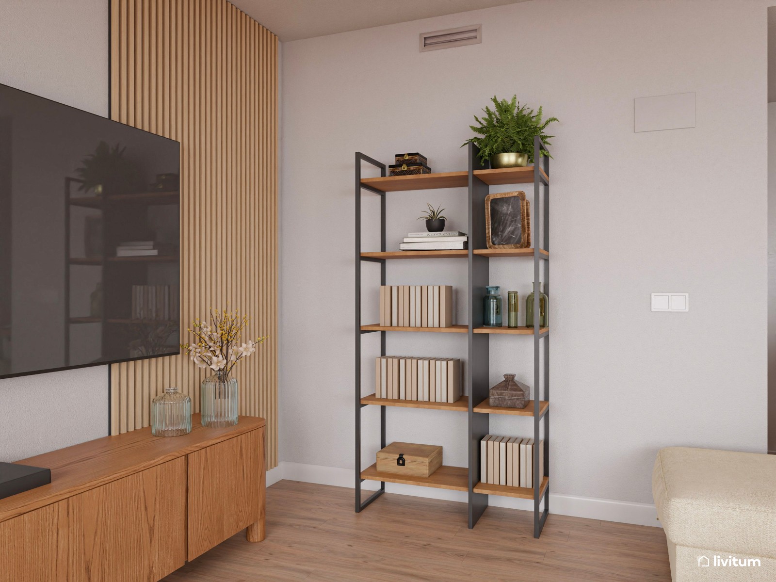 Salón comedor de estilo nórdico con pared de TV con listones de madera 