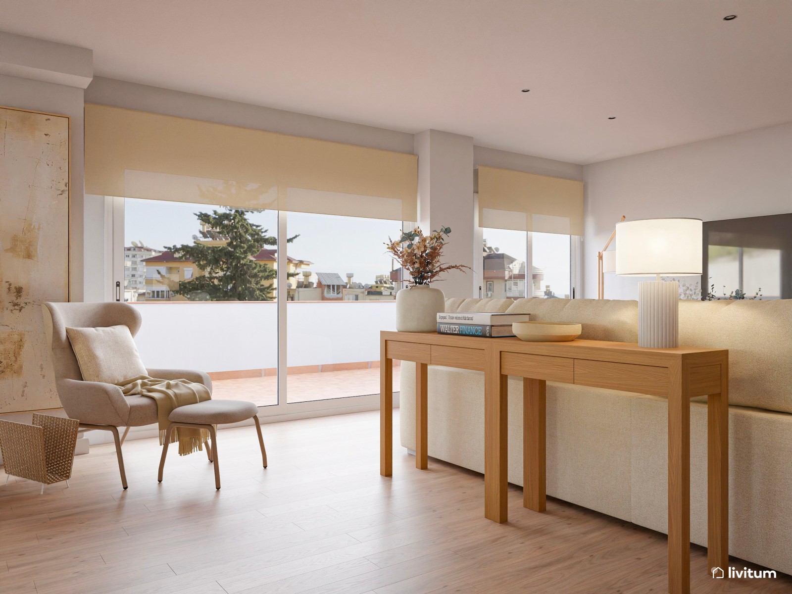 Salón comedor de estilo nórdico con pared de TV con listones de madera 