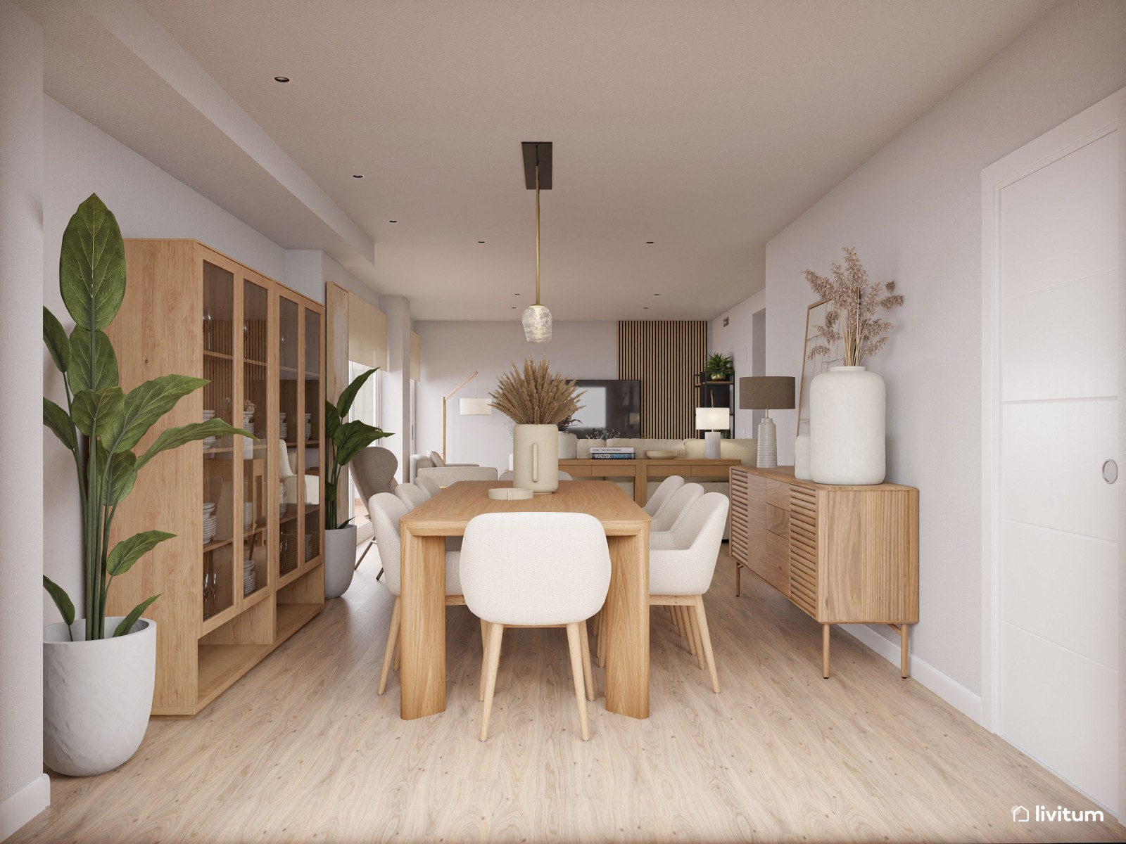 Salón comedor de estilo nórdico con pared de TV con listones de madera 