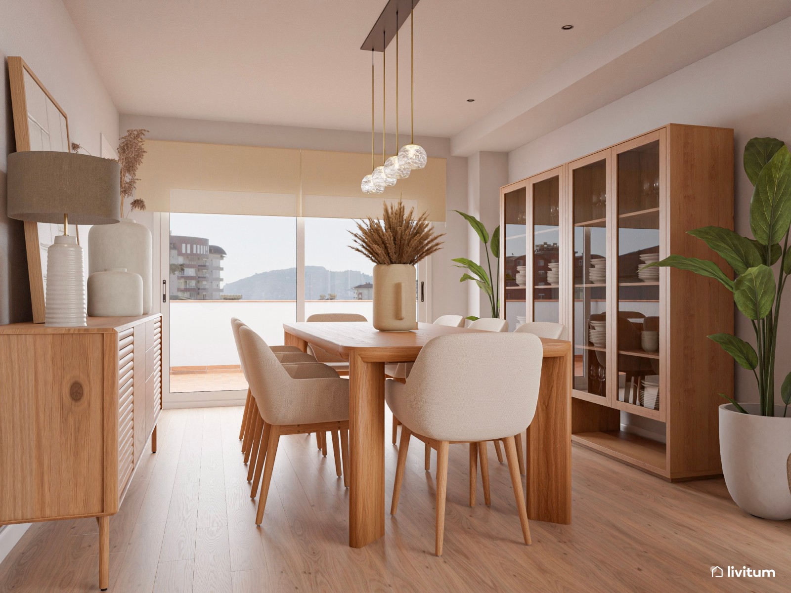 Salón comedor de estilo nórdico con pared de TV con listones de madera 