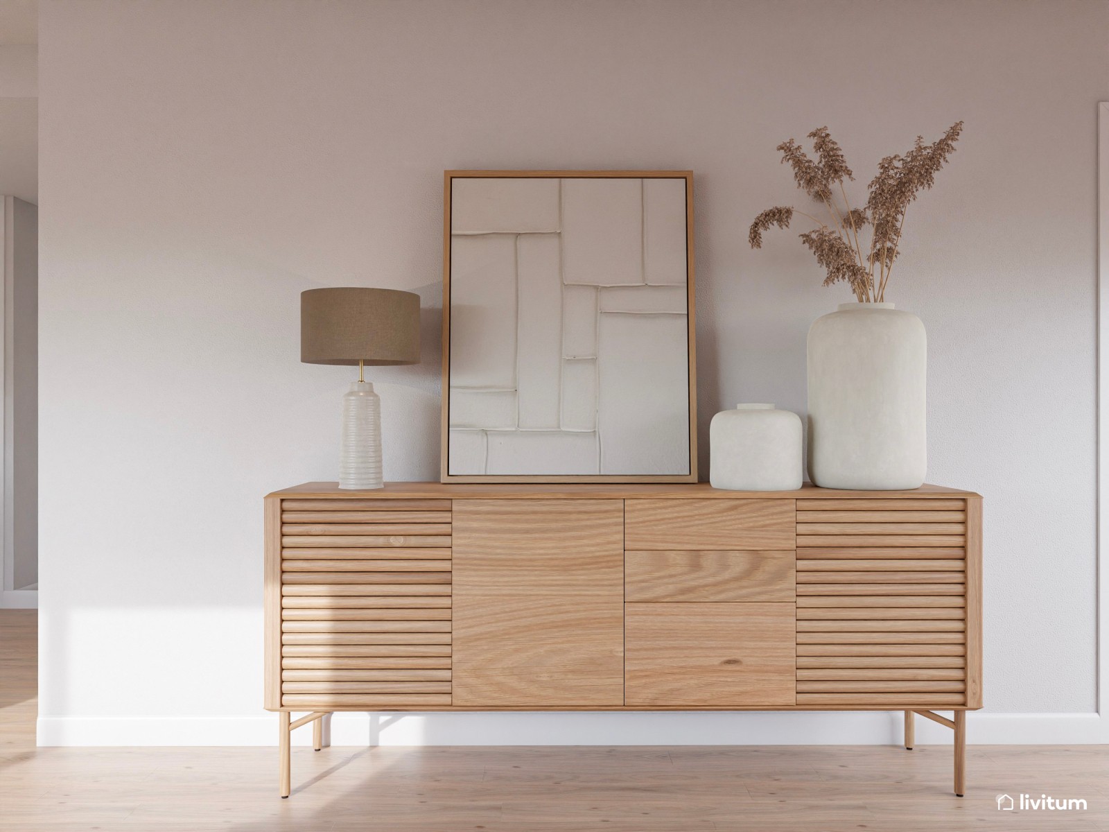 Salón comedor de estilo nórdico con pared de TV con listones de madera 