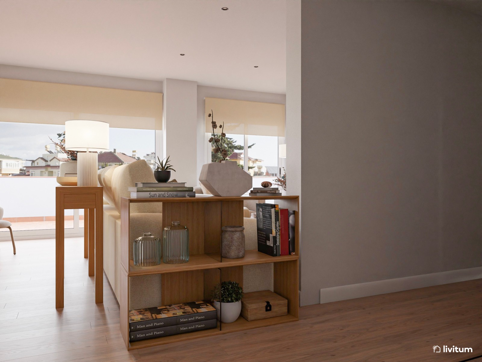 Salón comedor de estilo nórdico con pared de TV con listones de madera 