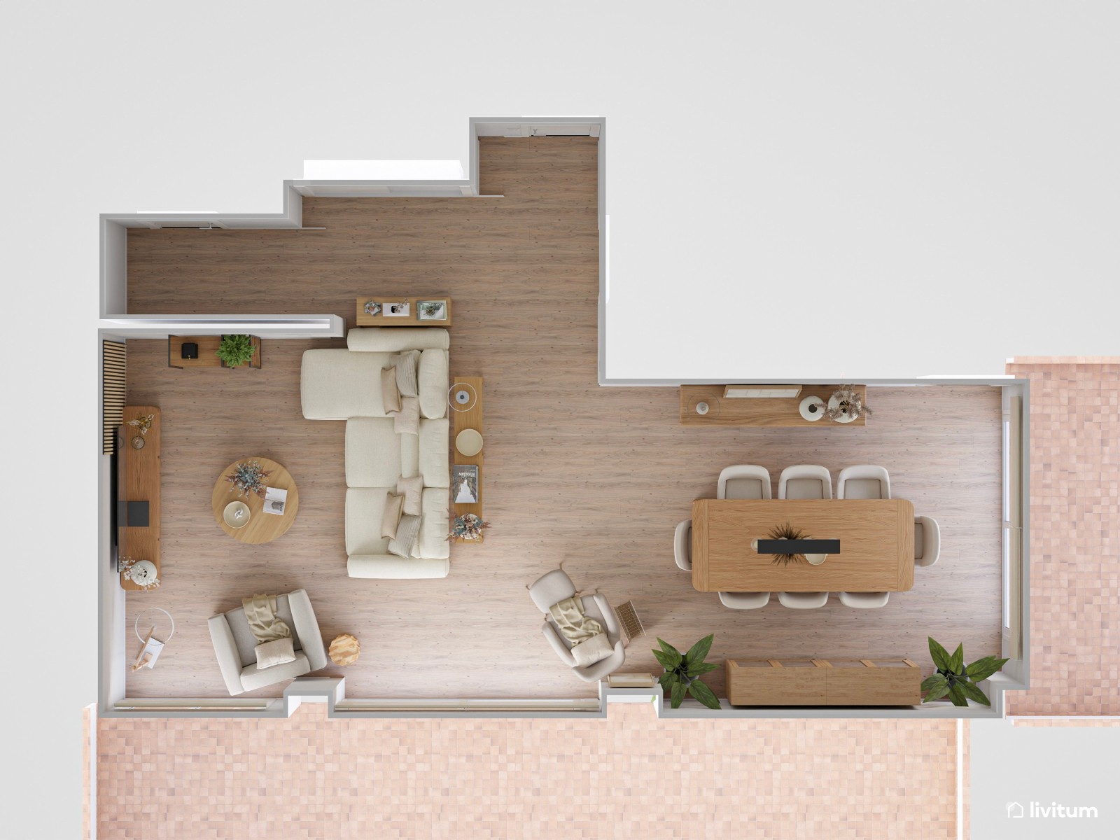 Salón comedor de estilo nórdico con pared de TV con listones de madera 