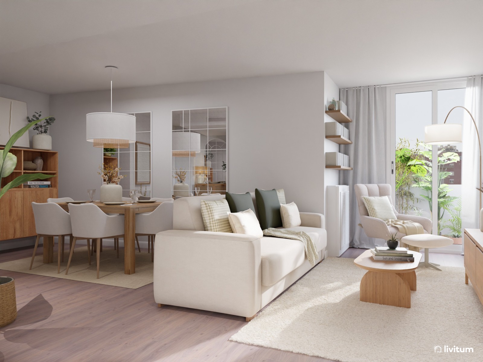 Salón comedor de estilo nórdico con planta irregular y rincón de lectura