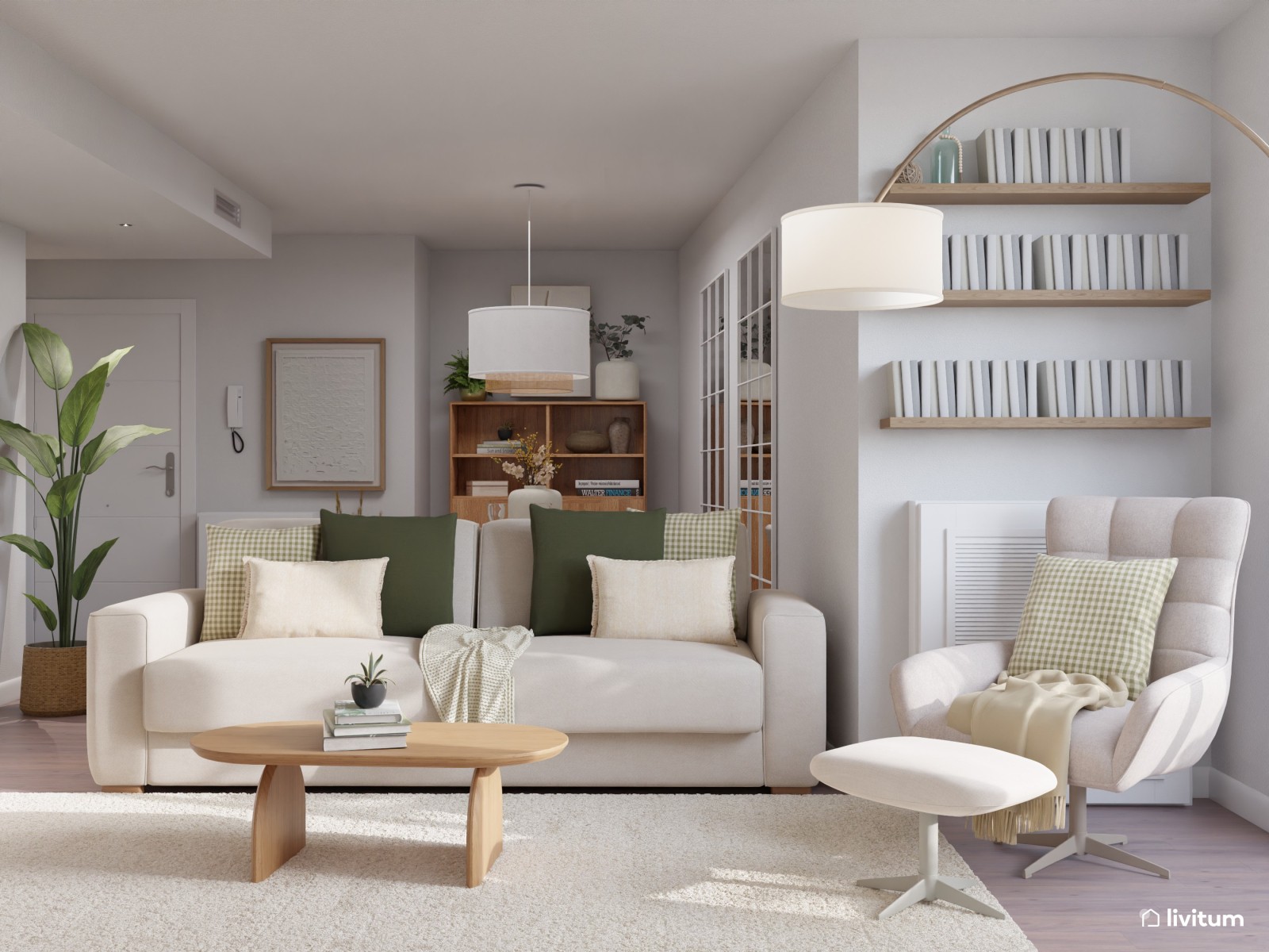 Salón comedor de estilo nórdico con planta irregular y rincón de lectura