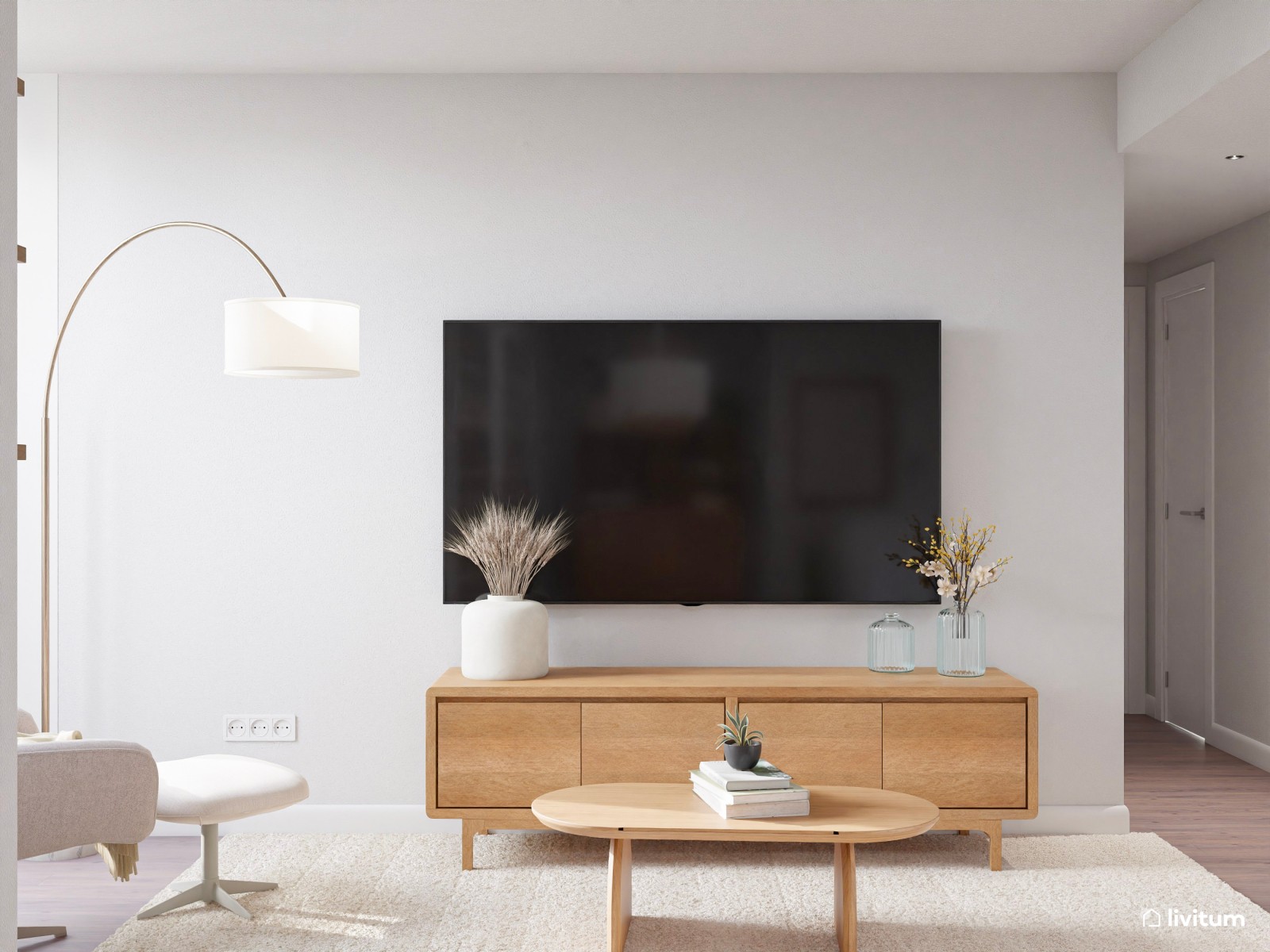 Salón comedor de estilo nórdico con planta irregular y rincón de lectura