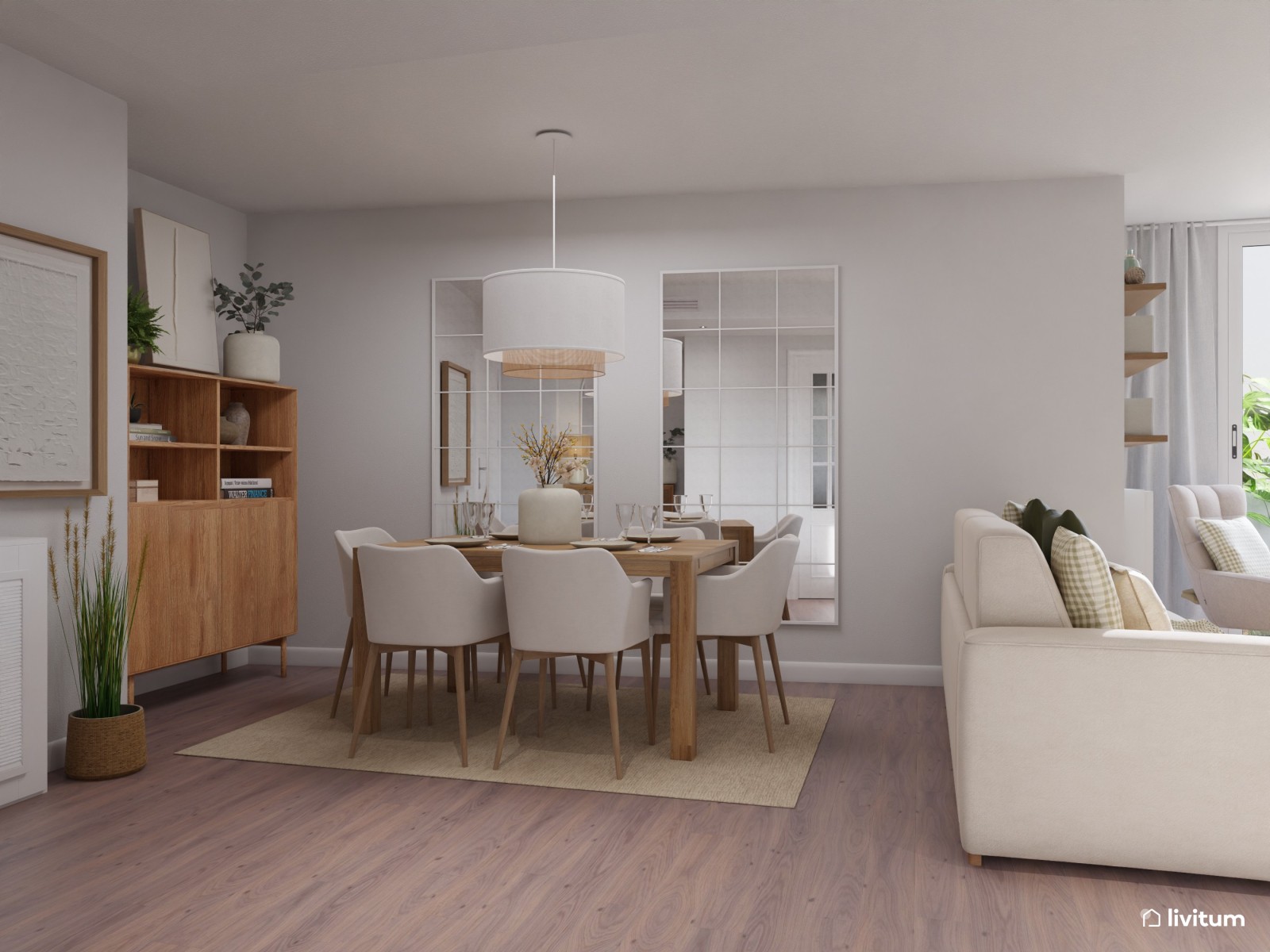 Salón comedor de estilo nórdico con planta irregular y rincón de lectura