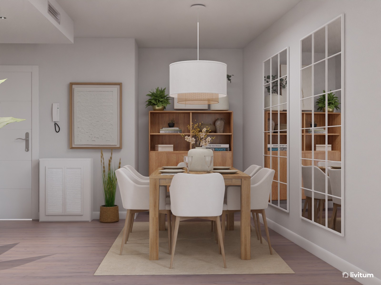 Salón comedor de estilo nórdico con planta irregular y rincón de lectura
