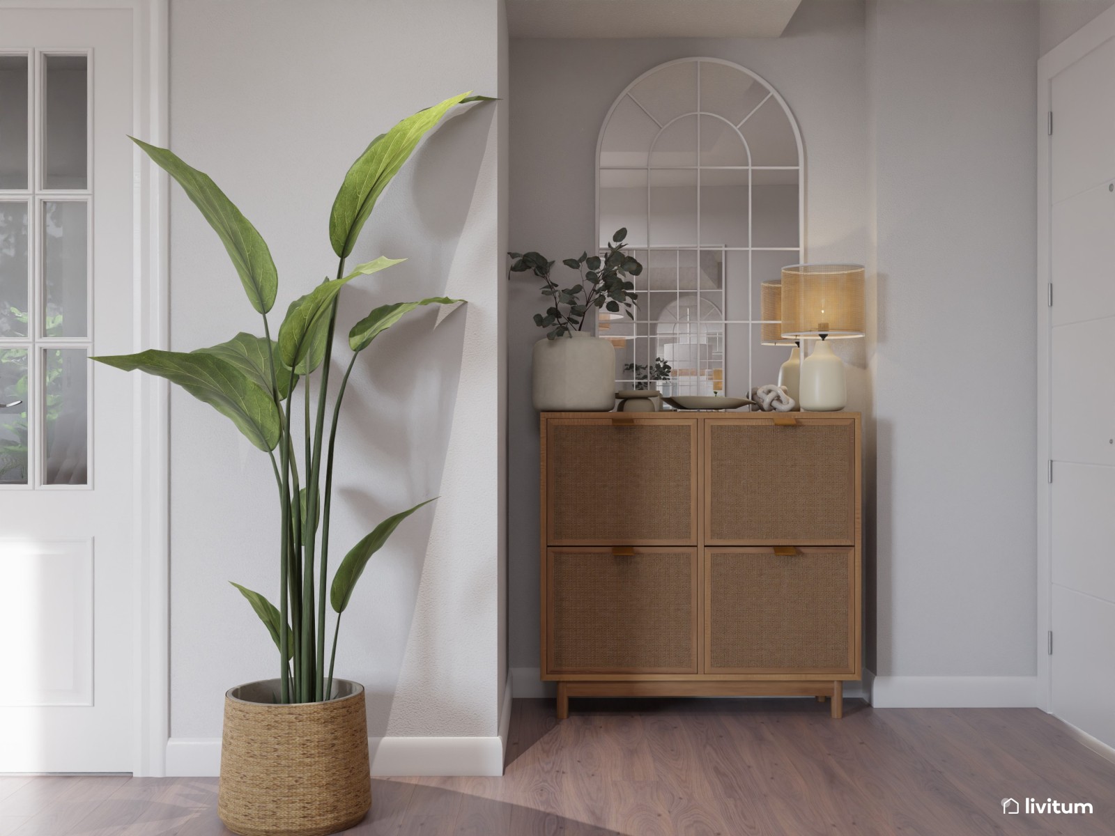 Salón comedor de estilo nórdico con planta irregular y rincón de lectura