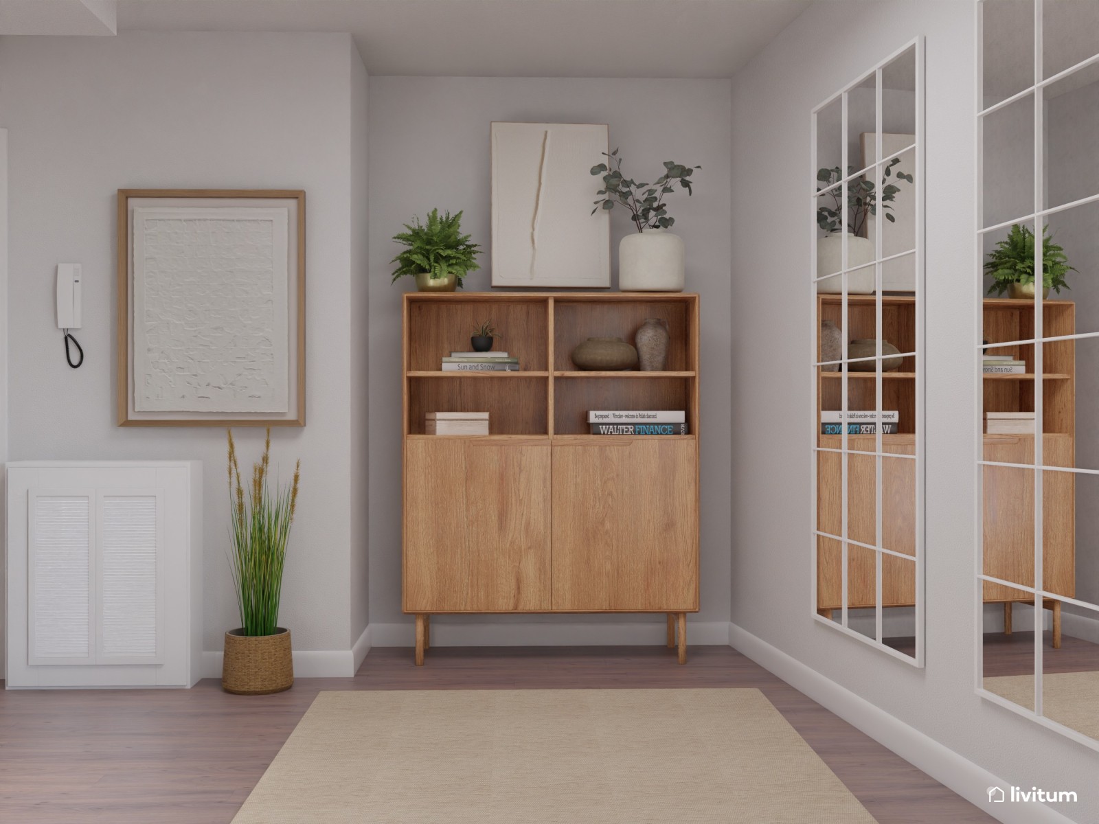 Salón comedor de estilo nórdico con planta irregular y rincón de lectura