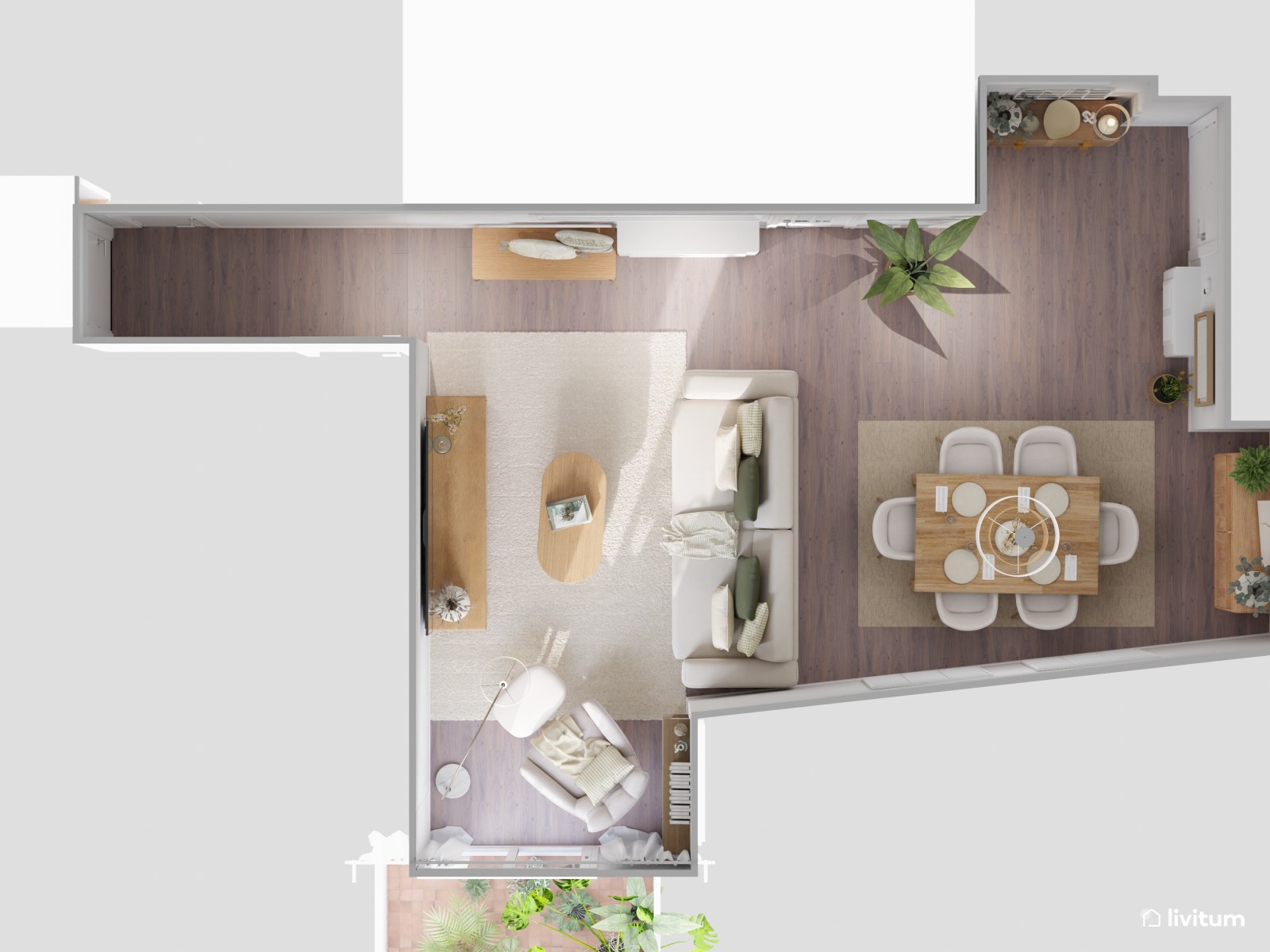 Salón comedor de estilo nórdico con planta irregular y rincón de lectura